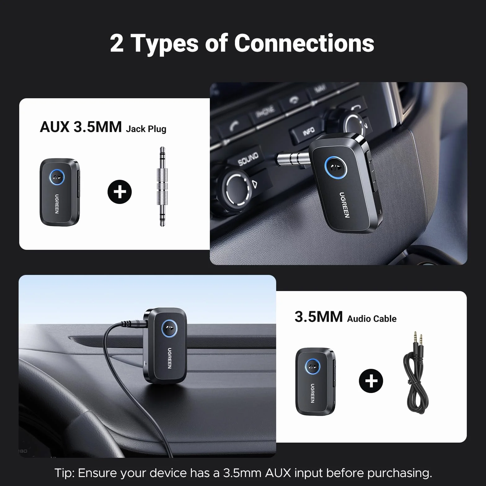 UGREEN Adapter Bluetooth 6.0 Samochodowy z Gniazdem AUX 3.5 mm i Mikrofonem Głośnomówiący Czarny
