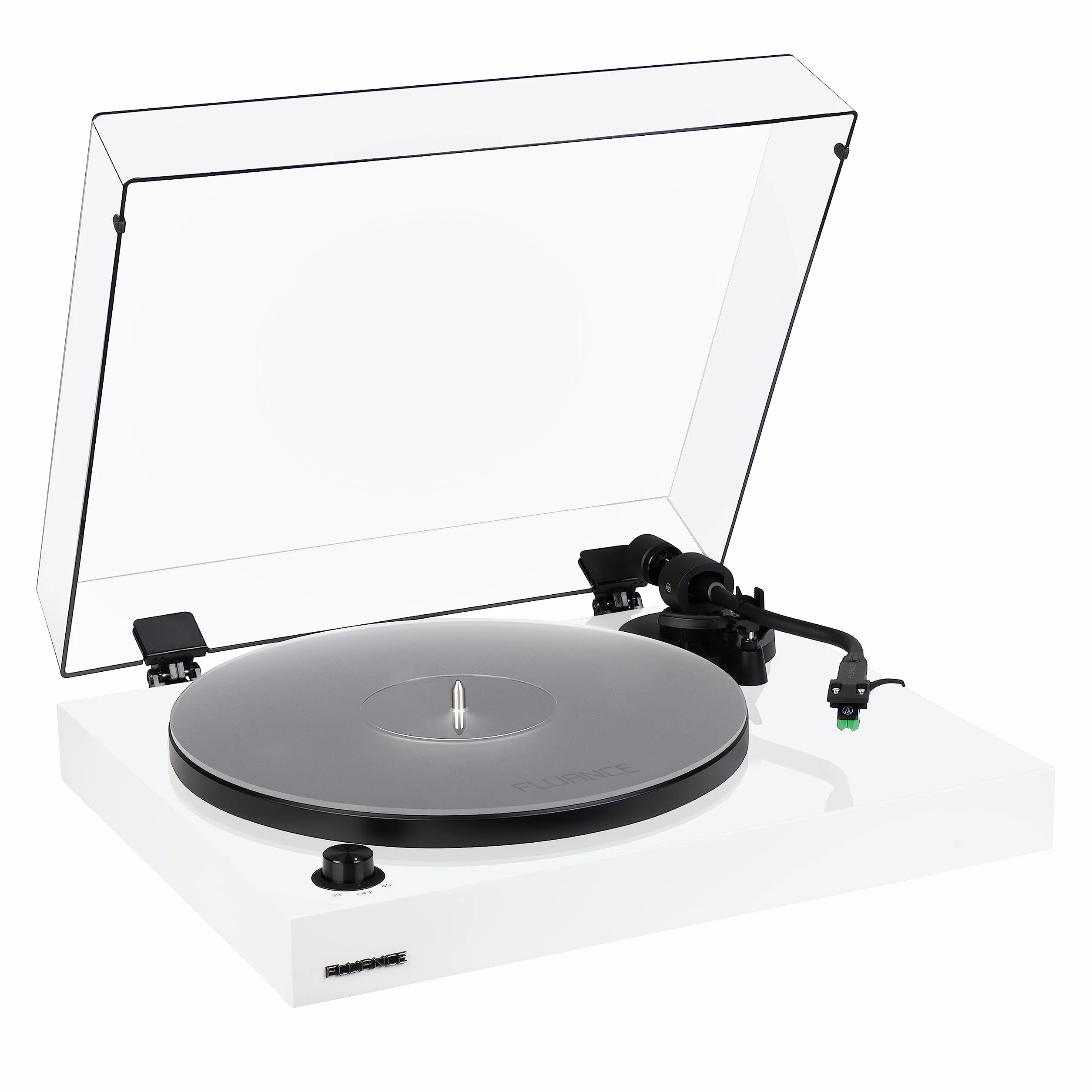 Fluance RT81+ Elite Gramofon winylowy – Audio-Technica VM95E wkładka gramofonowa, antyrezonansowy talerz, mata akrylowa, przedwzmacniacz phono, podstawa z litego drewna, regulowane nóżki – biały