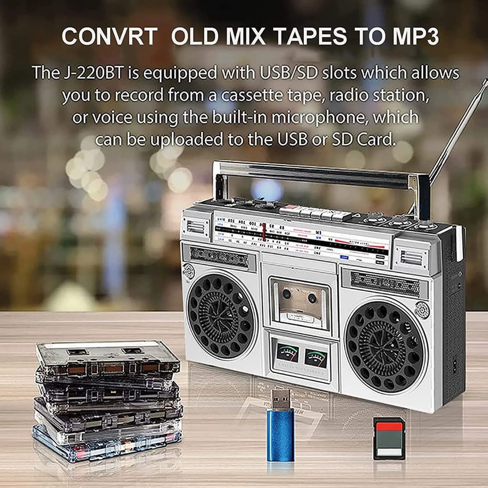 Boombox retro z Bluetooth, odtwarzacz taśmowy CD, radio FM/DAB+, nagrywanie USB do podróży rodzinnej