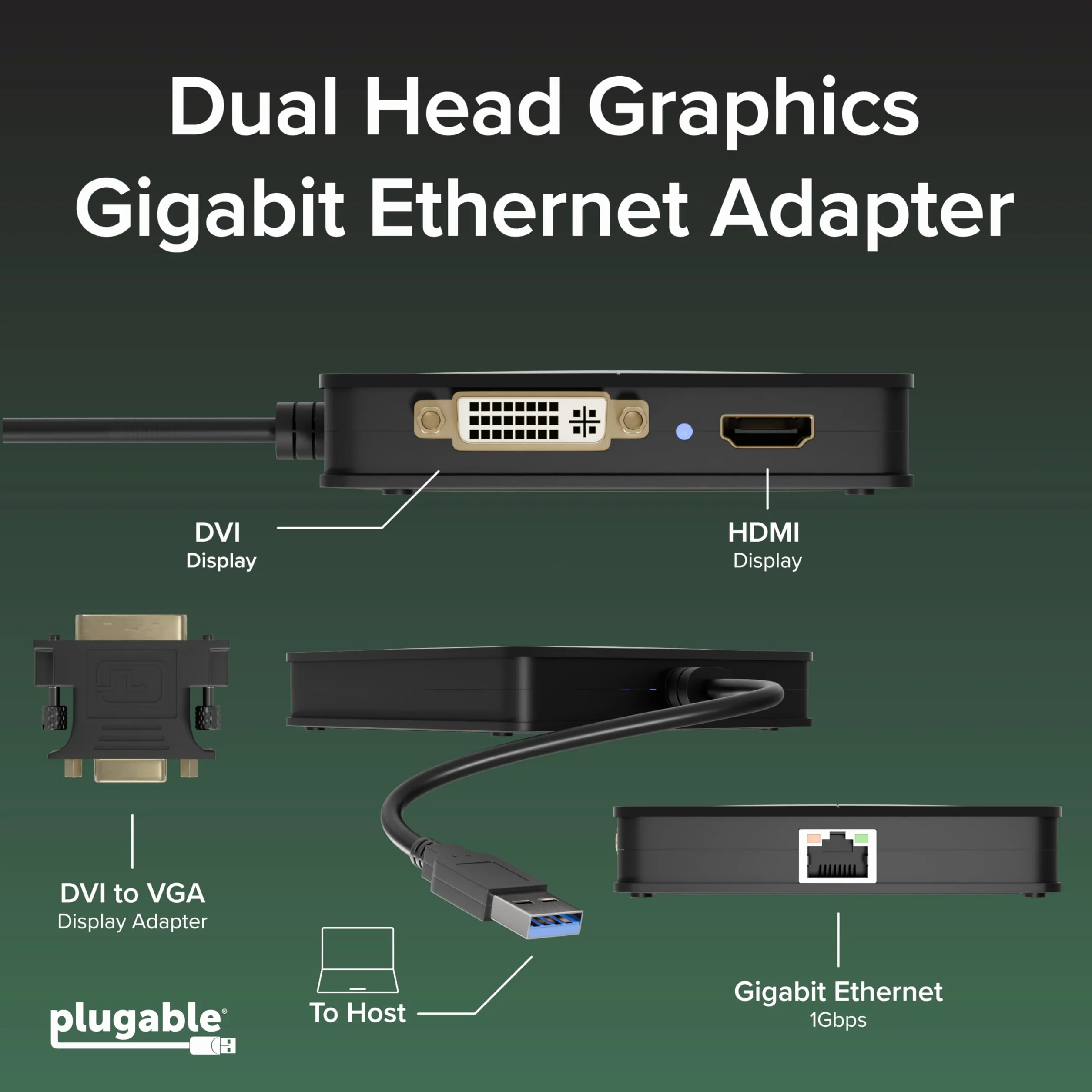 Plugable USB 3.0 podwójna karta graficzna (DVI/VGA Plus HDMI) i adapter Gigabit Ethernet (DL3900) do Windows 10, 8.1, 8, 7 i XP