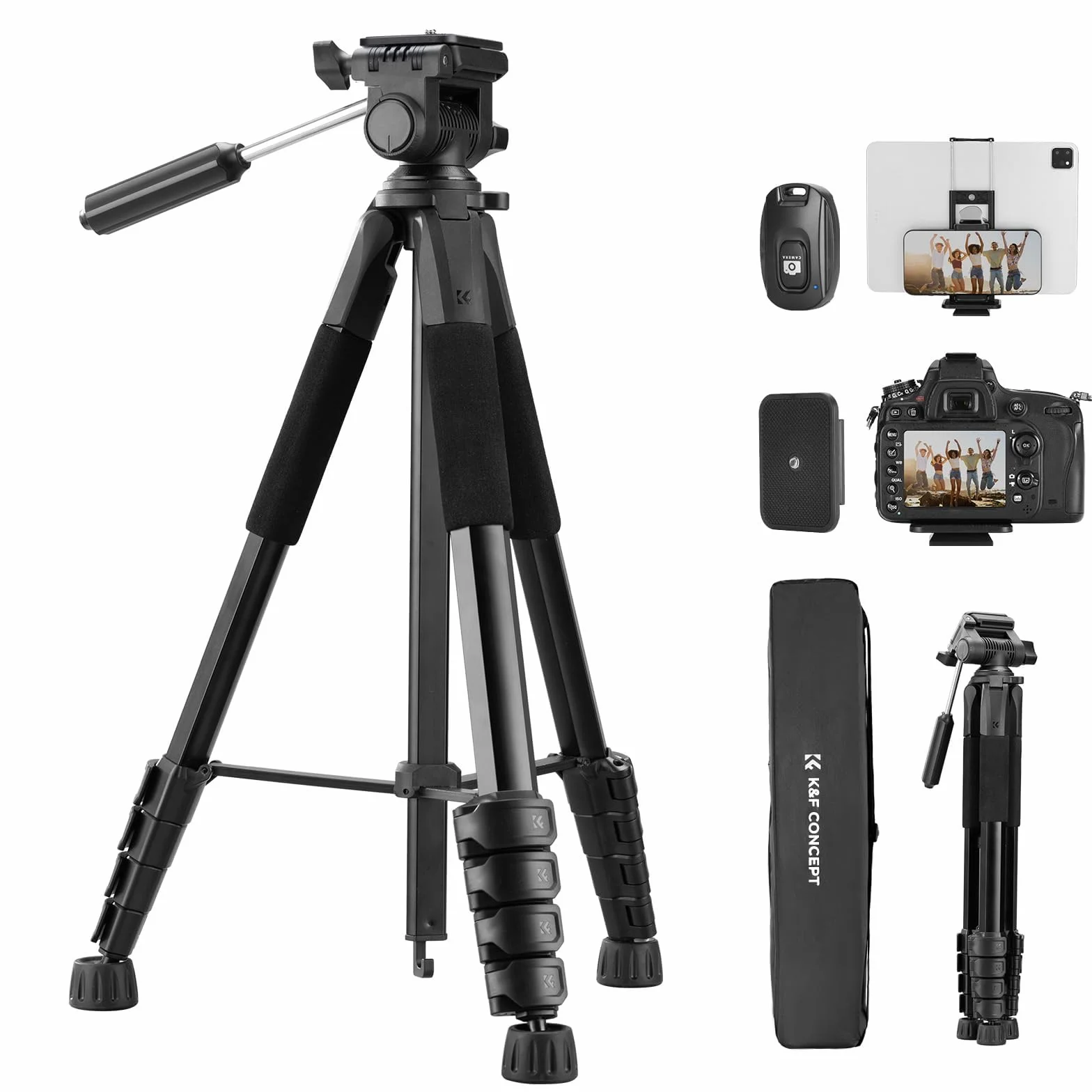 Statyw fotograficzny K&F CONCEPT S255A3+BV01, lekki statyw z torbą, statyw do telefonu o długości 190 cm, statyw do aparatu Canon Nikon Sony/lustrzanki cyfrowej/kamery, statyw do smartfona, statyw pod