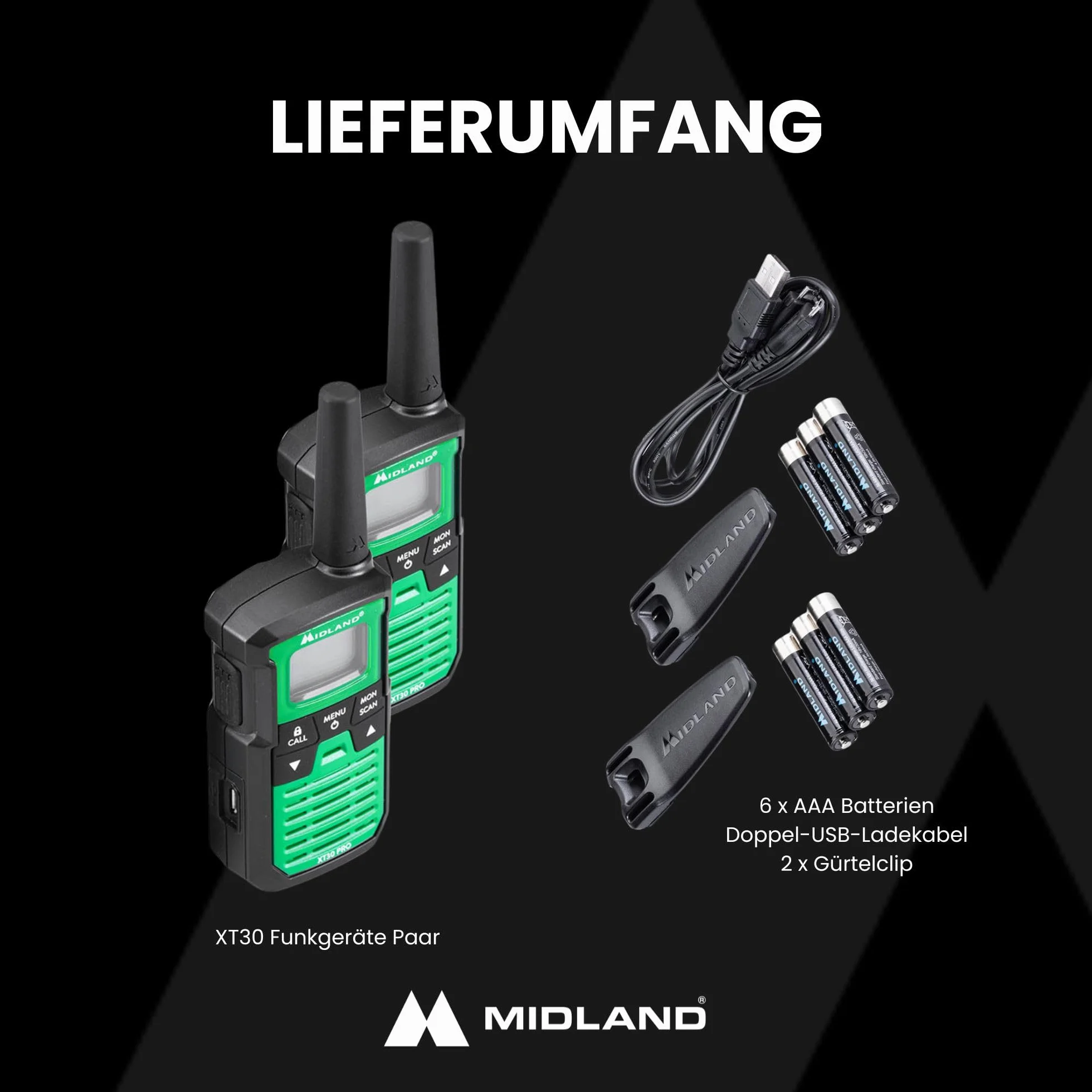 Midland XT30 PRO Doble, Walkie Talkie Profesional de Carga Rápida, 16 Canales PMR446 y Canal RRM, 38 Tonos CTCSS, Resistente a Salpicaduras, Recargable USB, Alcance de 6 Km, Verde/Negro, 2 Unidades