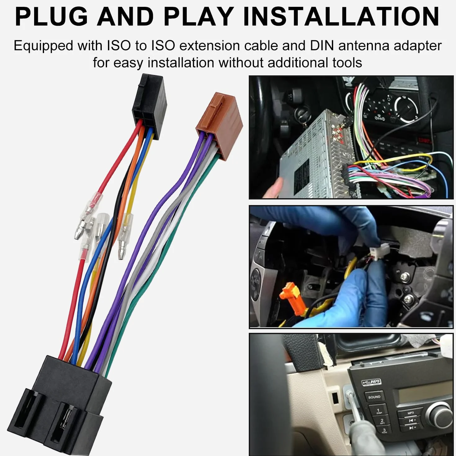 Zestaw adapterów radiowych do samochodów 16-pinowe złącze ISO do gniazda, adapter antenowy DIN/ISO zacisk 15 + 30 wtykowy przedłużacz adaptera radiowego, kompatybilny z Opel VW Fiat Mercedes