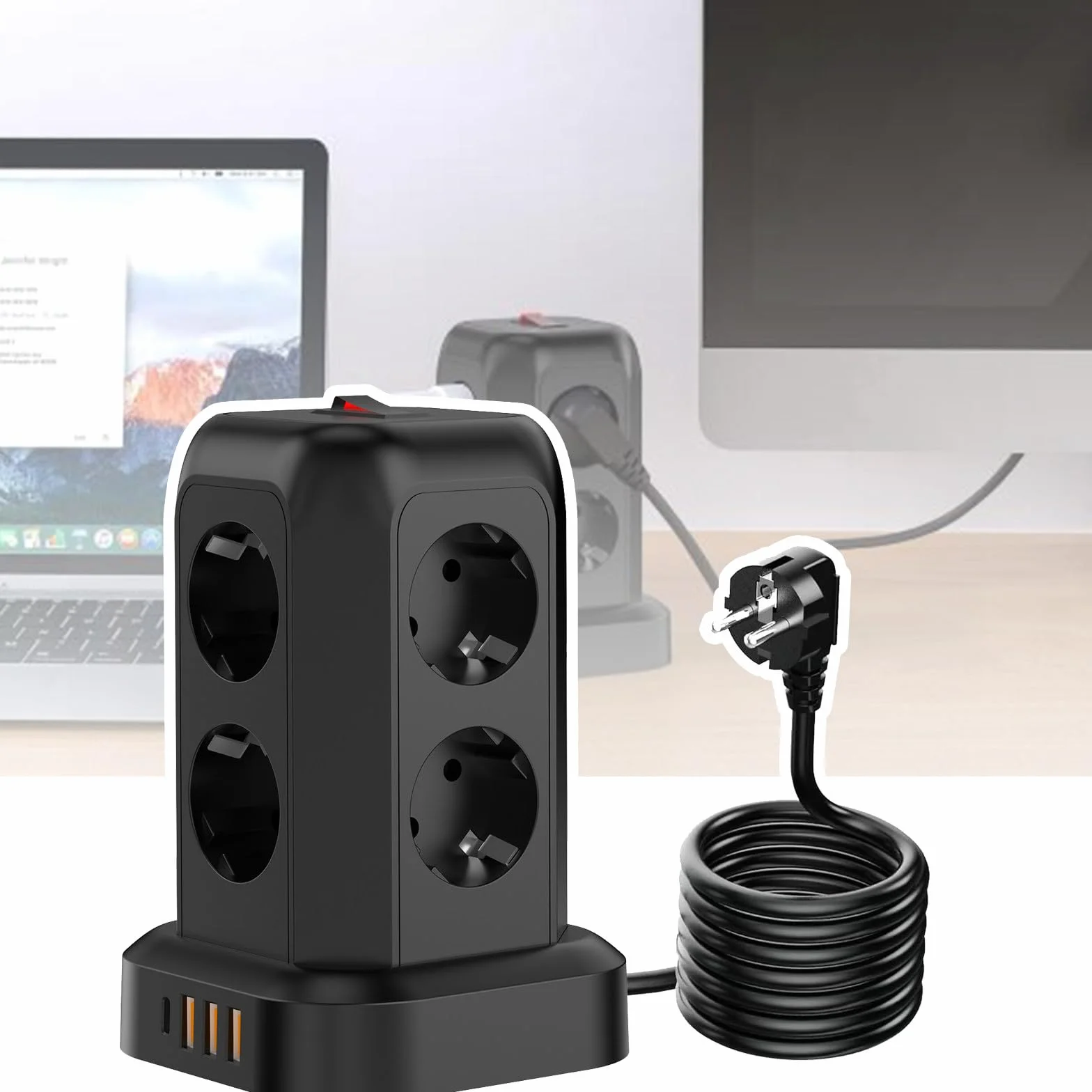 Gniazdo zasilające Multi Tower, wiele gniazd, 2500 W, przedłużacz z 3 portami USB, 1 portem typu C, odpowiednie do różnych zastosowań (11 x 11 x 17 cm)