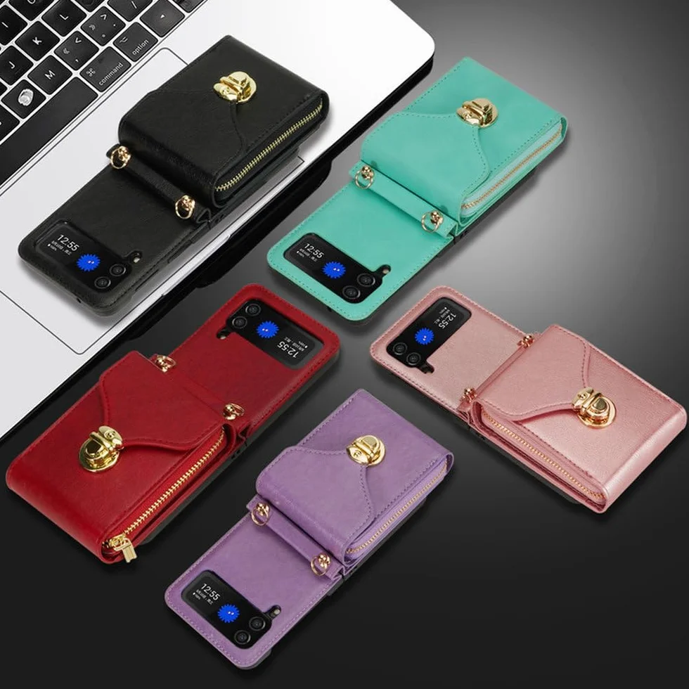 Etui na telefon ze skóry z zamkiem błyskawicznym i kieszenią na karty do Samsung Galaxy Z Flip 5 4 3 ze smyczą, etui z klapką, czerwone, do Z Flip 4