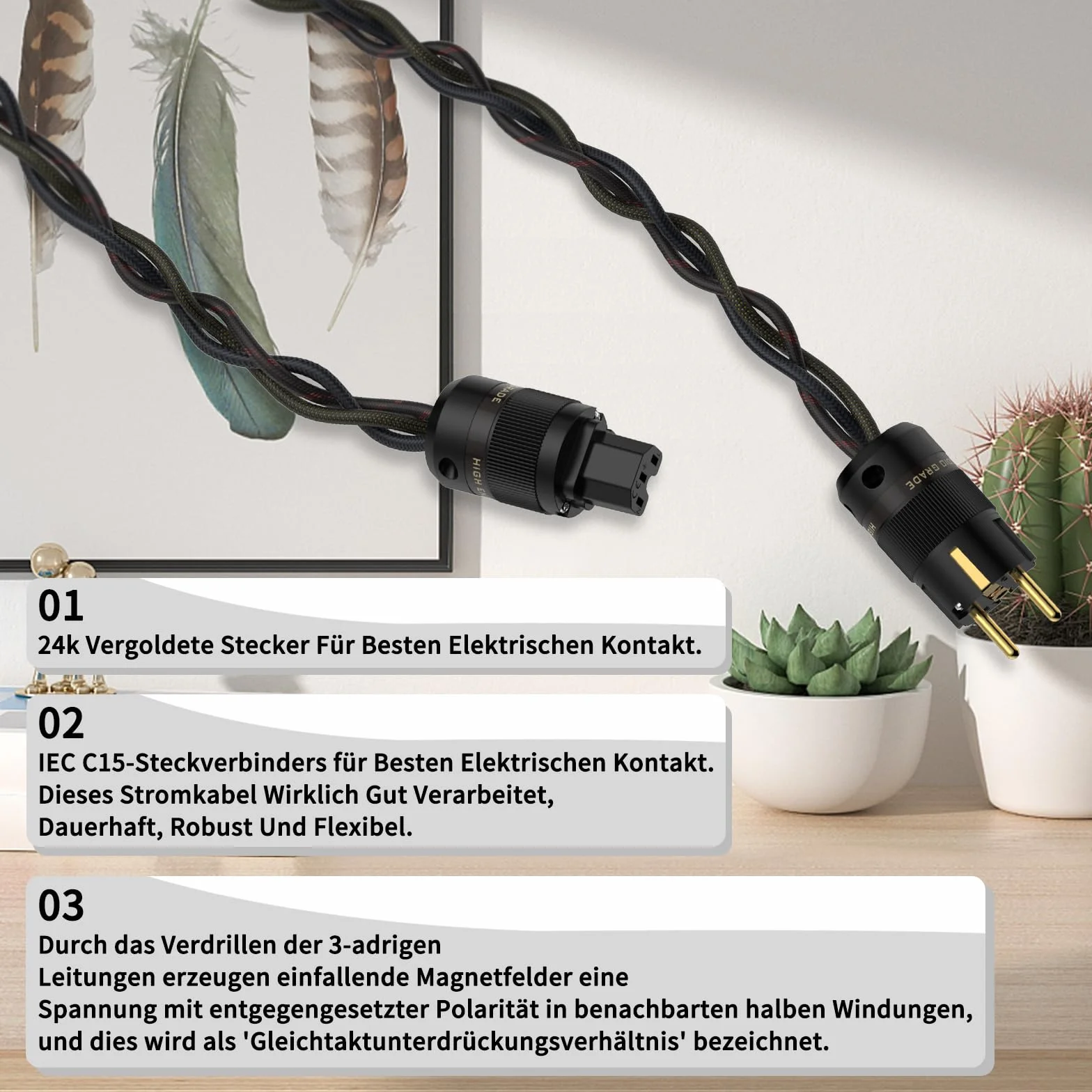 High-End kabel sieciowy HiFi kabel sieciowy z wtyczką Schuko i złączem zimnego do subwoofera, wzmacniacza, złącza DV/AV C15 (1,5 m)