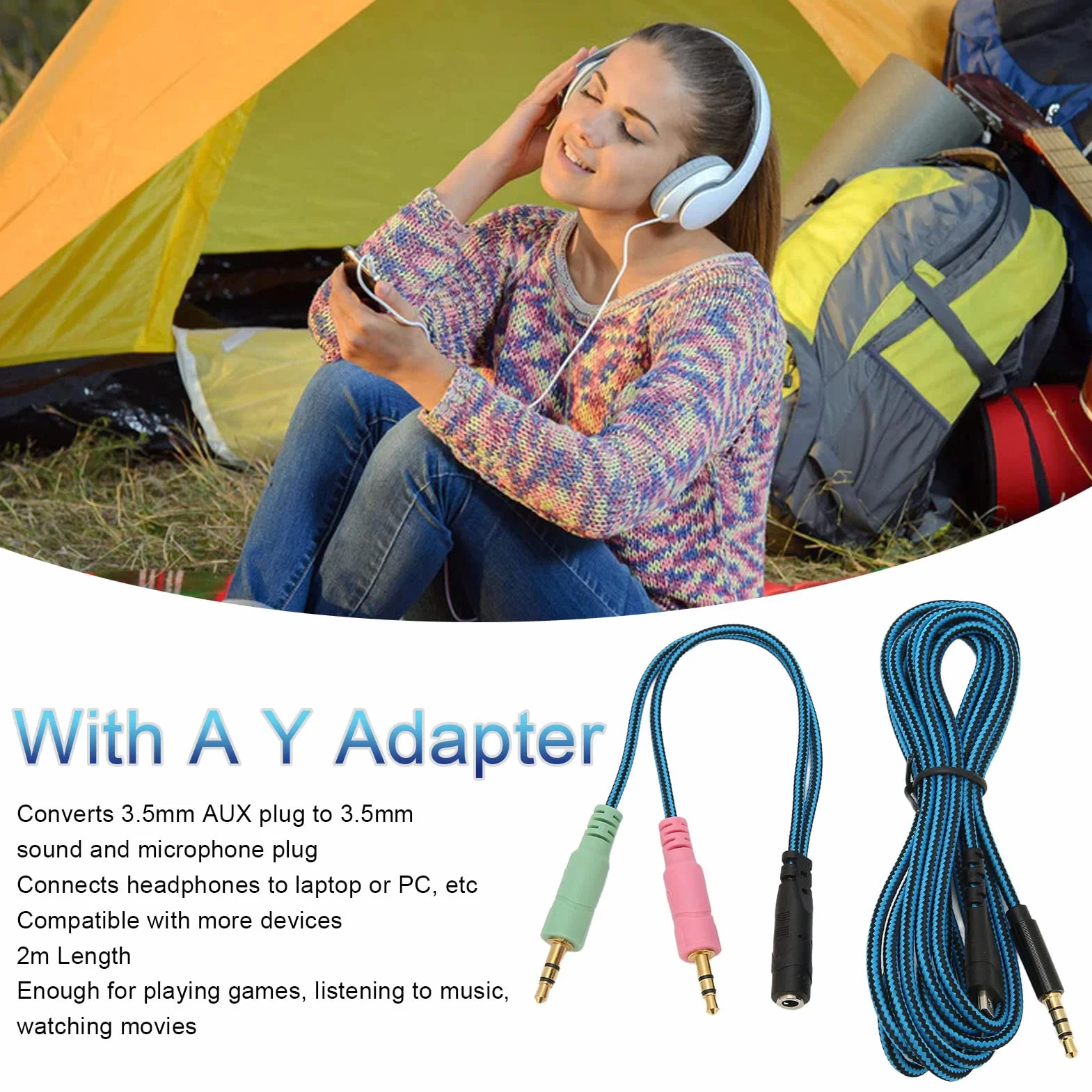 Kabel Audio Słuchawek, Wymienny Kabel Audio Słuchawek z Kablem Adaptera Y, Kabel AUX w Oplocie Miedzianym OFC dla 3/5/7/Pro