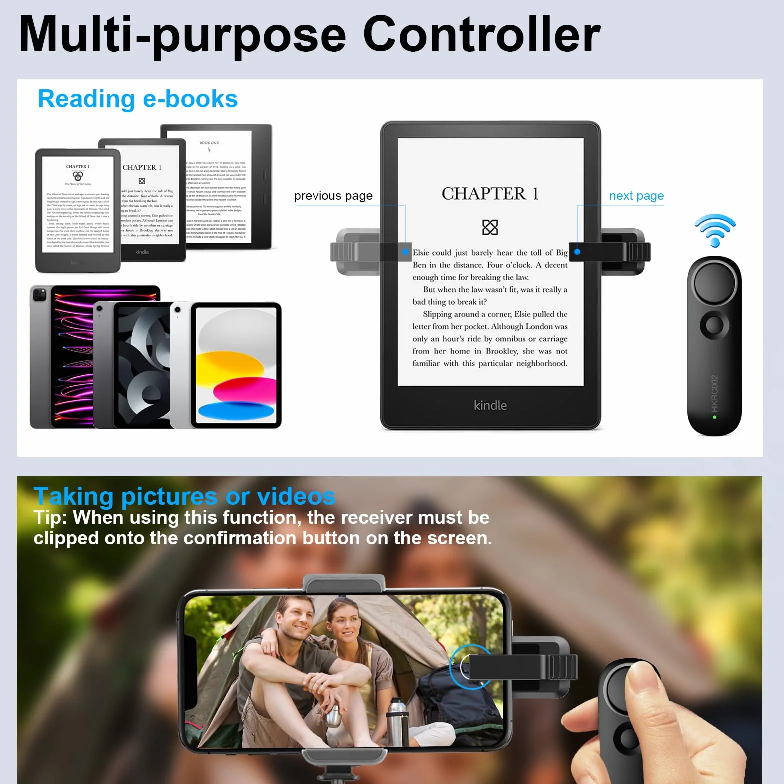 Sterowanie RF Przewracanie Stron dla Kindles, kontroler e-czytnika dla iPad iPhone Android-Phone/tablet, czytanie e-booków, powieści komiksowych, Akcesoria do Kindle, Czarny