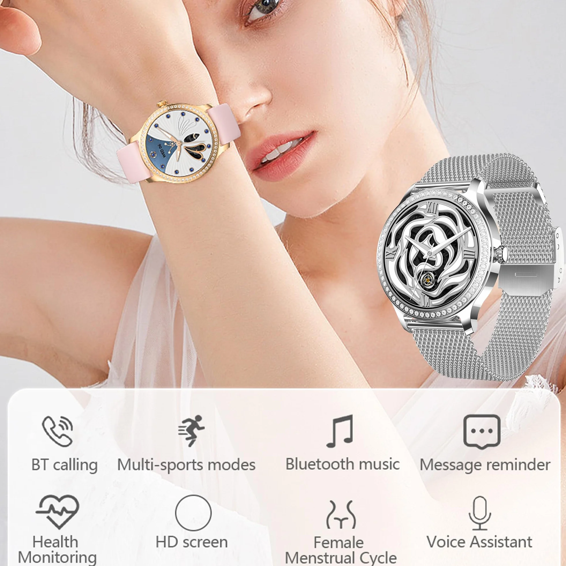 Smartwatch Inteligentny Zegarek Pani z Połączeniami, 1,28" Wodoodporny Smart Watch Sportowy Krokometr Pulsometr Ciśnienie Krwi Bransoletka Aktywność Cyfrowy Zegarek dla IOS Android (srebrny)
