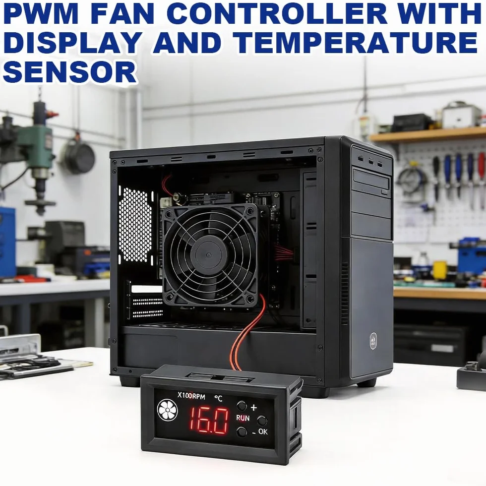 DC 12 V 4-przewodowy regulator prędkości wentylatora, regulator temperatury wentylatora z cyfrowym wyświetlaczem prędkości obrotowej i temperatury, obsługuje 3 A PWM 25 kHz, sterowanie wentylatorem z