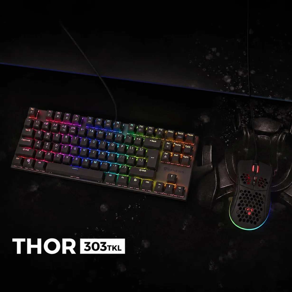 Genesis Thor 303 TKL mechaniczna klawiatura gamingowa QWERTZ, Brown Switch Gaming Keyboard 80%, Outemu Brown, Hot-Swap, oświetlenie RGB, 88 przycisków, Anti-Ghosting, USB-A, czarna