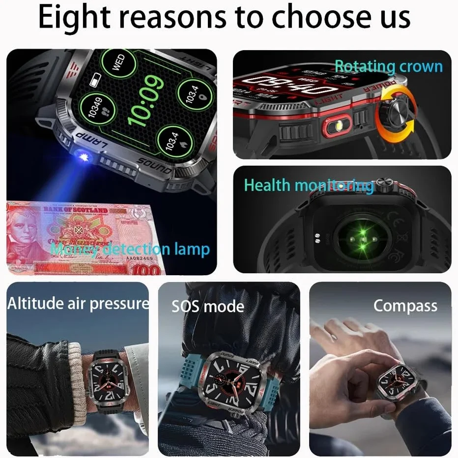 Dla Huawei Smart Watch dla Xiaomi wojskowy GPS inteligentny zegarek męski latarka kompas wodoodporny zewnętrzny sportowy tracker połączenia Bluetooth inteligentny zegarek (czarny silikonowy