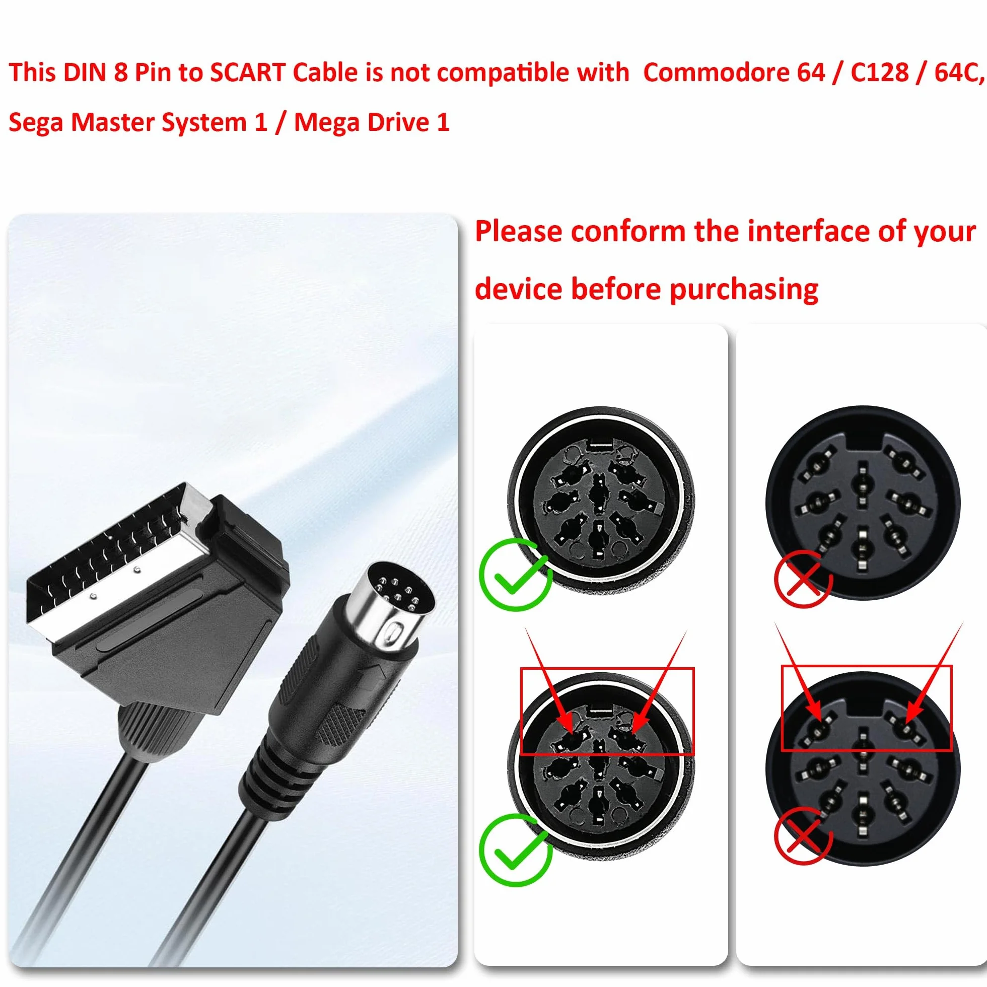 8 pinów Din do SCART kabel prowadzący do konsoli do gier 21 pin RGB SCART męski do DIN 8 pinów męski wtyk AV kabel audio video adapter kabel prowadzący do konsoli do gier, TV, monitora, 1,8 m