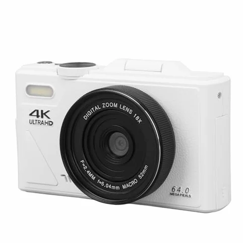 Aparat Cyfrowy, 18-krotny Zoom, Stabilizator 64 MP i Kamera UHD 4K z kartą Pamięci 256 GB, 3-calowy Ekran IPS dla Chłopców, Dziewcząt i Dzieci (WHITE)