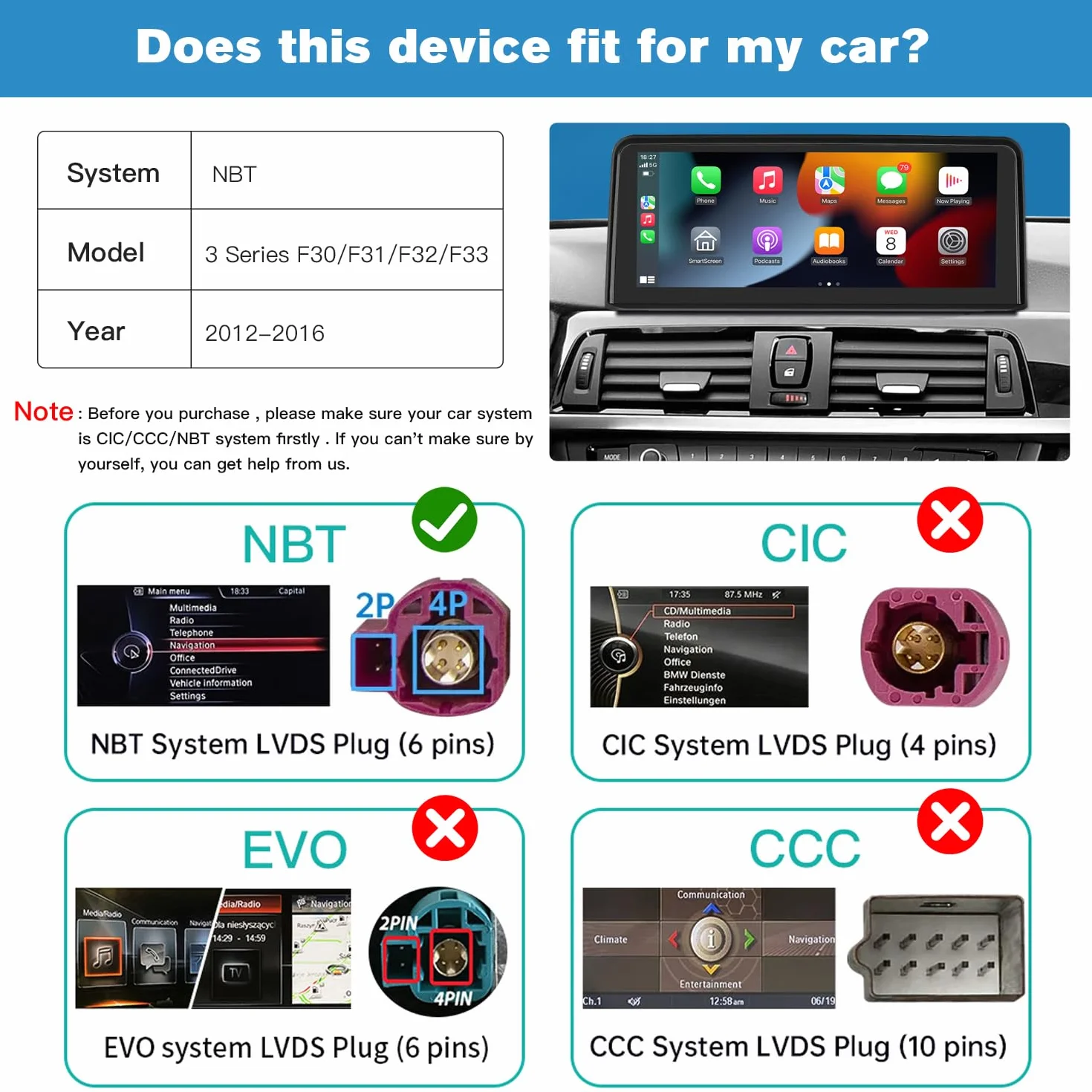 Bezprzewodowa CarPlay/Android Auto 10.25'' Multimedia Radio Linux Ekran dotykowy dla BMW 3 4 Serie F30/F31/F33/F34/F36 2012-2016 NBT System AirPlay/Autolink/USB HD Rozdzielczość 1920 * 720