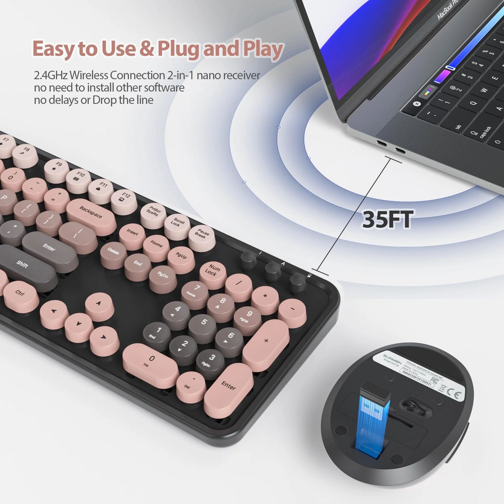 Bezprzewodowa klawiatura myszy, okrągła klawiatura retro maszyna do pisania, urocza klawiatura komputerowa 2,4G, amerykańska QWERTY, bezprzewodowa ergonomiczna klawiatura z 104 klawiszami