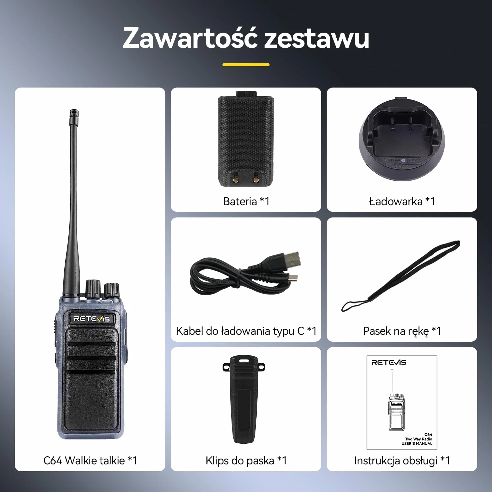 Retevis C64 Walkie Talkie Dwukierunkowa Redukcja Szumów, Dwupasmowe Radio Przenośne dla Dorosłych, Sterowane Językiem, Dwukierunkowe Radio Dużej Mocy do Jazdy na Rowerze, Wspinaczki (czarne,1 szt)