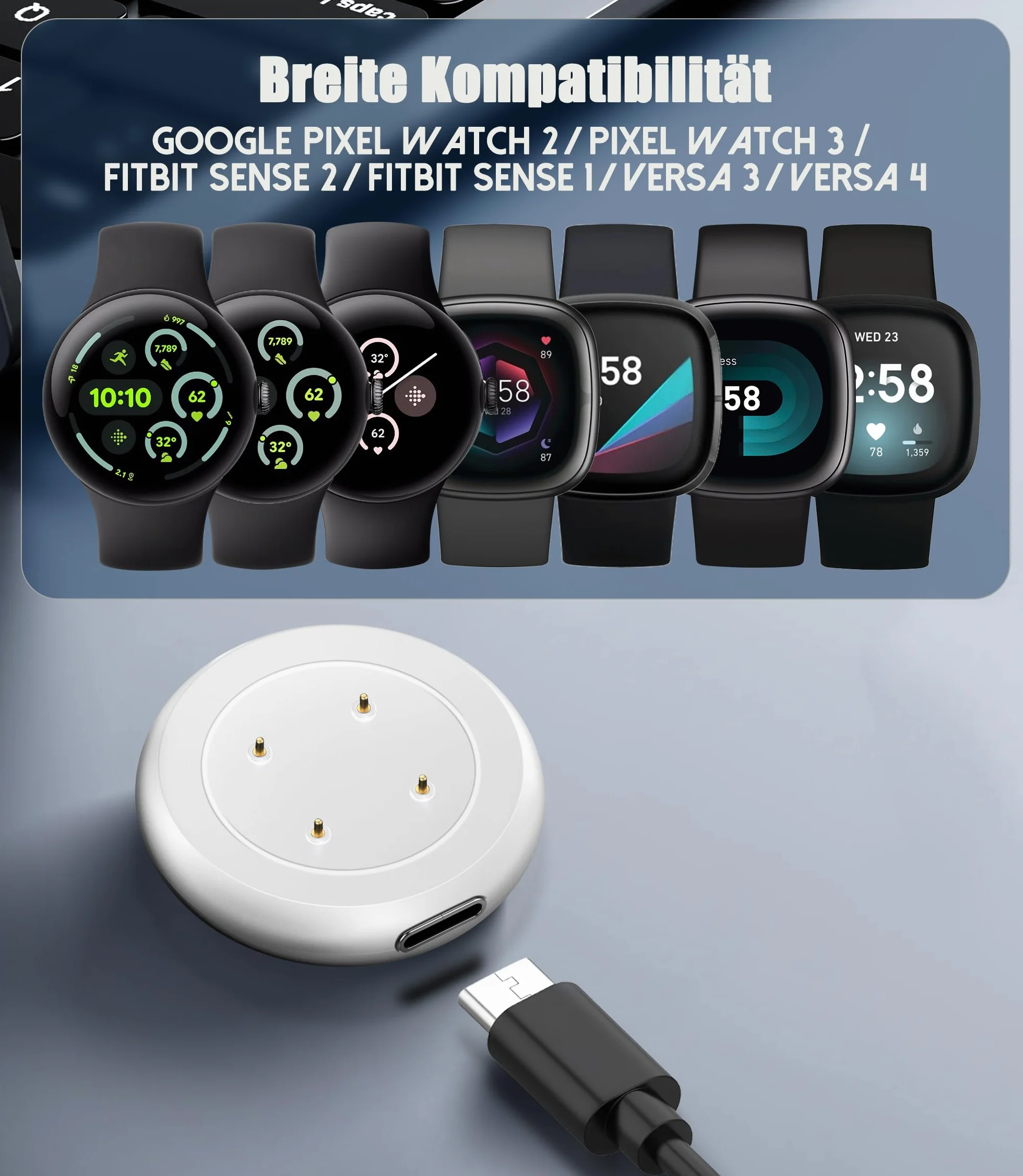 2 Częściowy Adapter USB C Kompatybilny z Google Pixel Watch 3/Pixel 2/Fit-bit Versa 3/Versa 4/Sense 2/Sense/Ace LTE Kablem, Wzmocniona ładowarka Magnetyczna i Odporna na Zużycie-Czarny/Biały