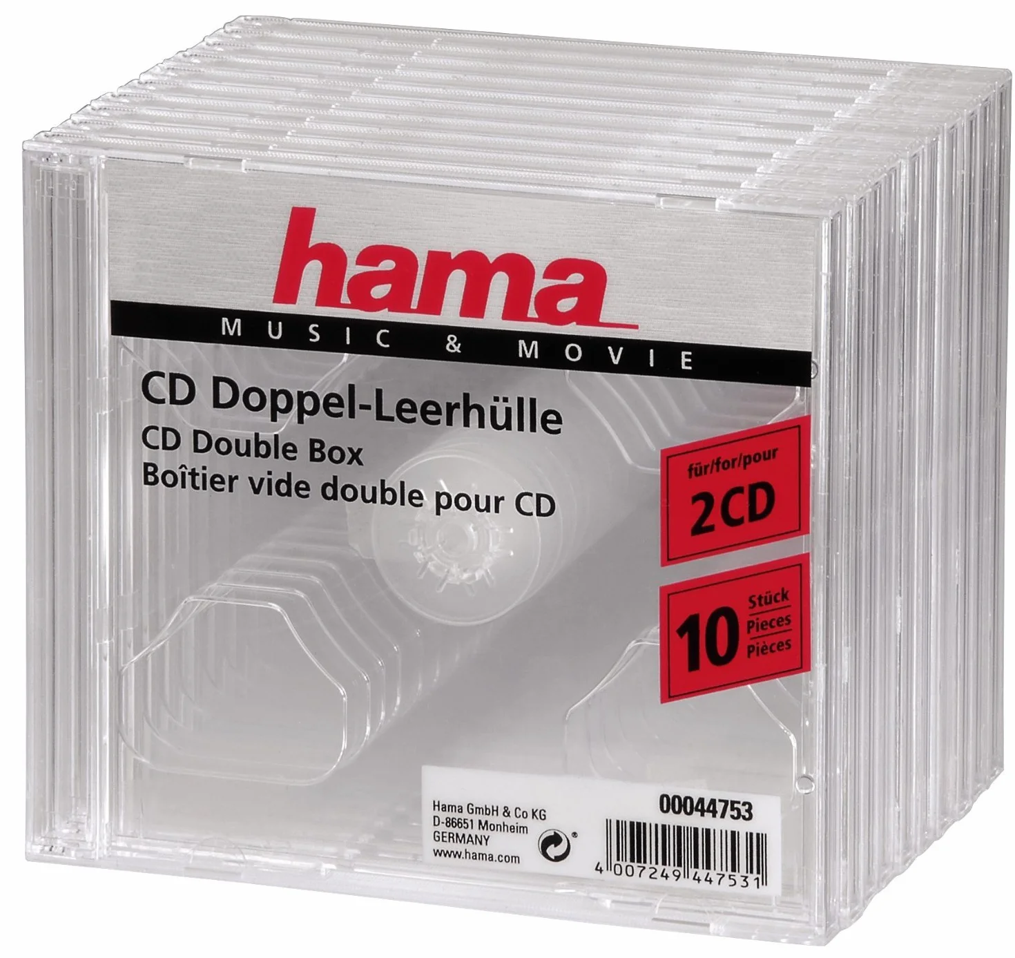 Hama Podwójne etui na płyty CD/DVD, 10 sztuk w opakowaniu, pojemność 2 dysków na etui, przezroczyste