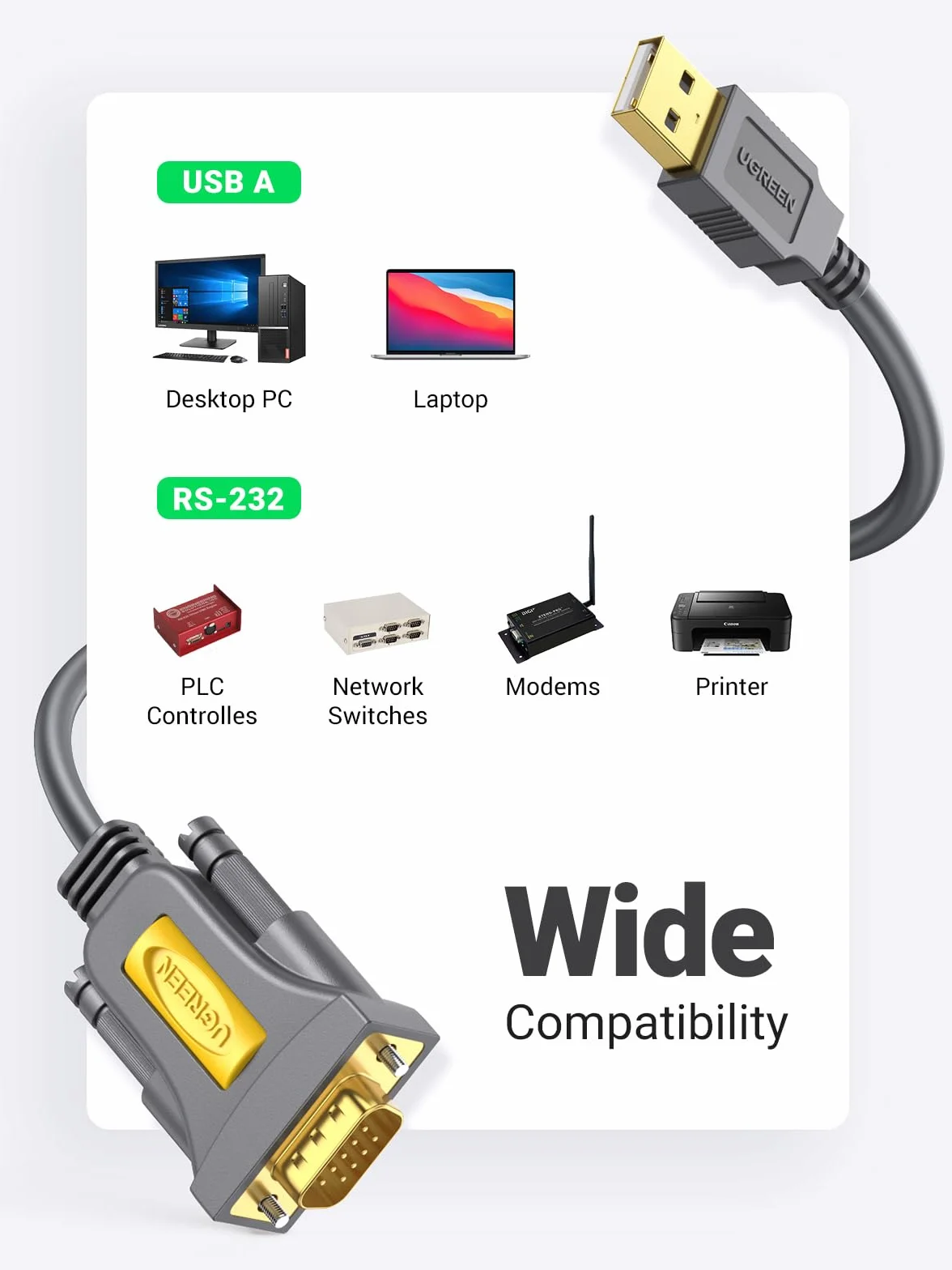 UGREEN Kabel Z Adapterem Usb Do Db9 9-Pinowy Kompatybilny Z Windows 10/8/7 Mac Os X Linux Kompatybilny Z Routerem, Switch, Teleskopem Itp. (1M)