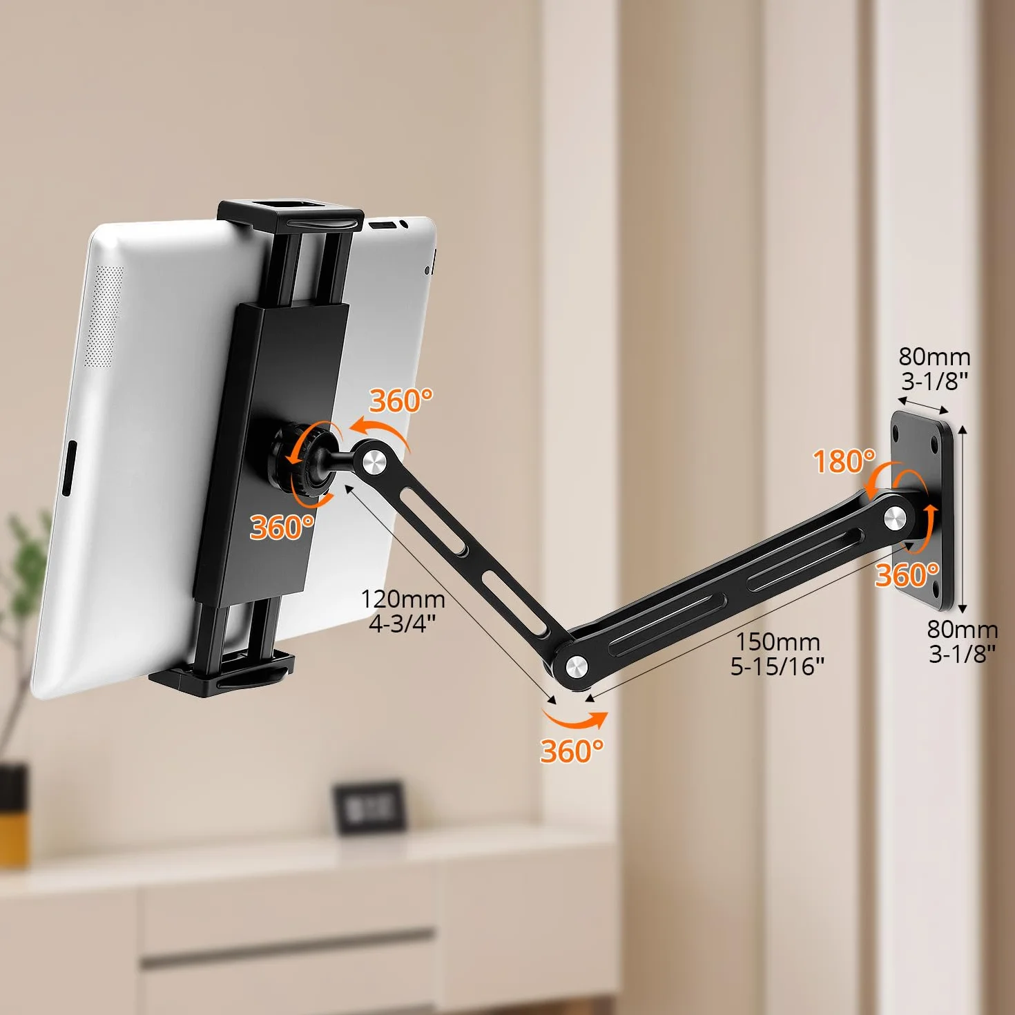 QWORK Aluminiowy uchwyt ścienny na tablet, z obrotową o 360° podstawą z regulacją wysokości i składanym do urządzeń o przekątnej 4,7-13 cali.