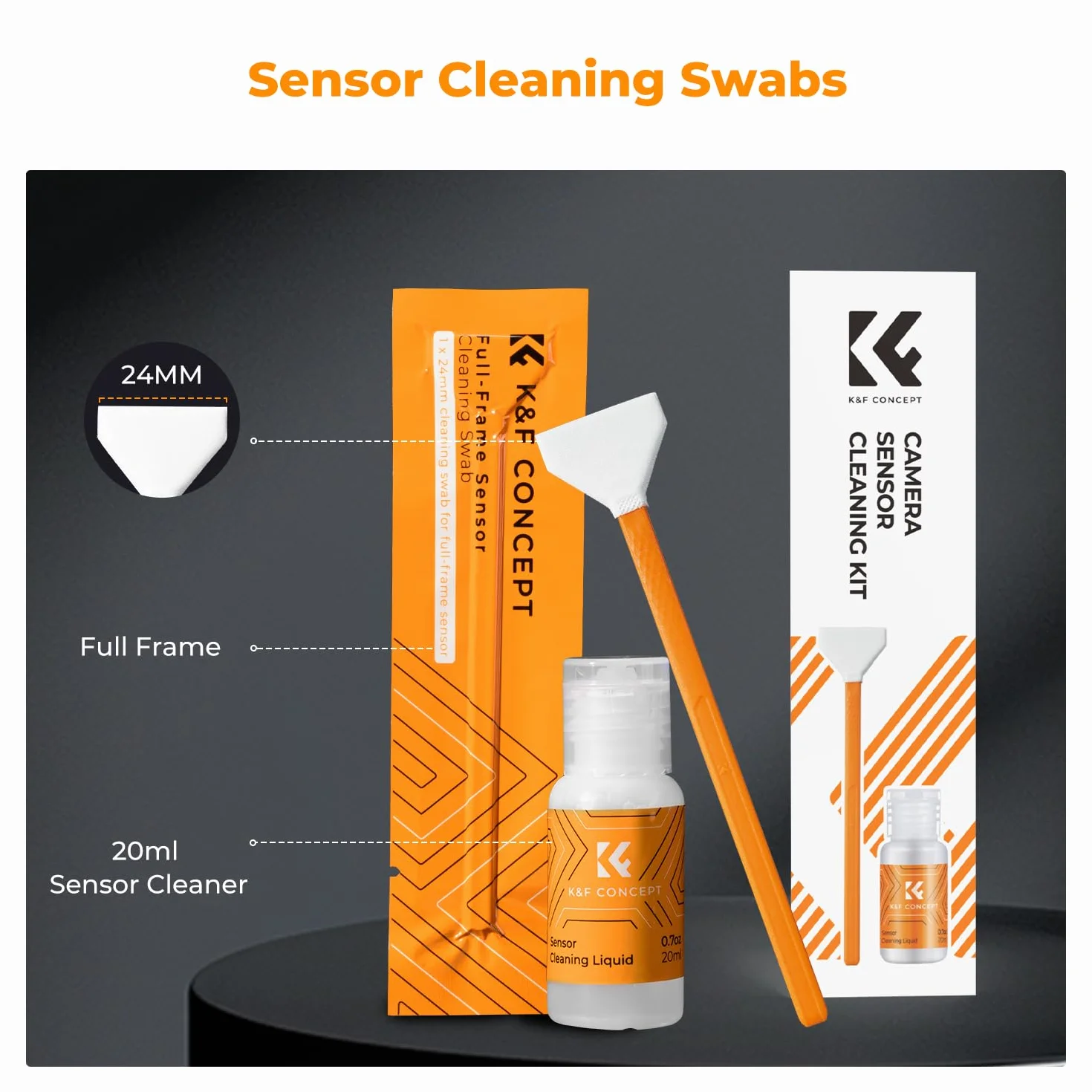K&F CONCEPT Zestaw do czyszczenia czujników z 6 elementami z mikrofibry 24 mm do kamer pełnoklatkowych i 20 ml płynnego środka czyszczącego do lustrzanek cyfrowych, filtrów obiektywów