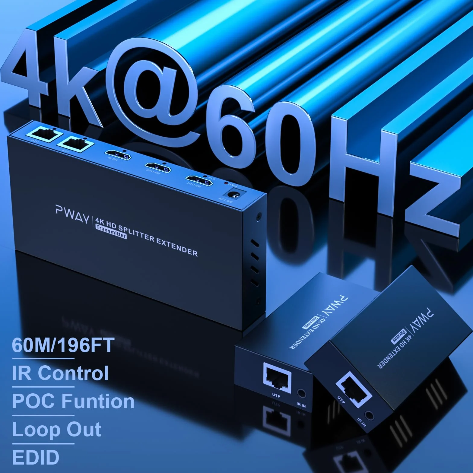 PW-HT246P2IR przedłużacz HDMI rozdzielacz 1 x 2 port 60 m od Cat5e/Cat6/CAT7, obsługa kabla 4K 60 Hz, sterowanie IR i funkcja POC