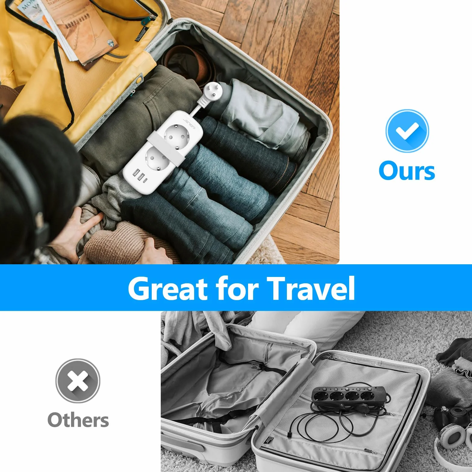 JSVER Travel Plug Adapter USA, Wiele Gniazd z 1 USB C i 2 USB A, 5 w 1 z Chowanym Przedłużaczem, Typ B dla Kanady, Ameryki, Meksyku, Tajlandii, Dominikany-1,5 m (Biały)