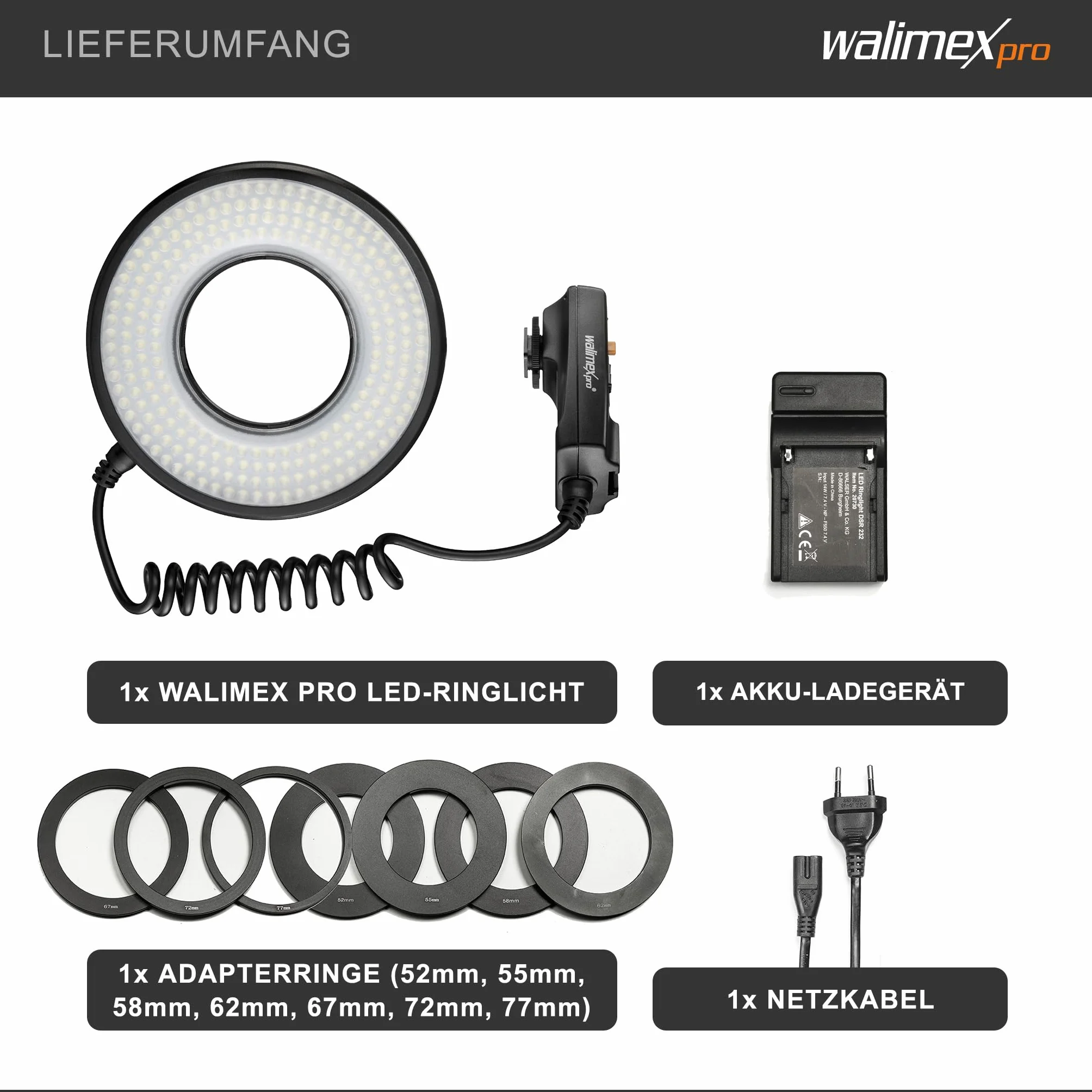 Walimex pro Lampa pierścieniowa makro LED DSR 232, pierścień 14 W z 232 LED-ami, płynna regulacja lampy filmowej