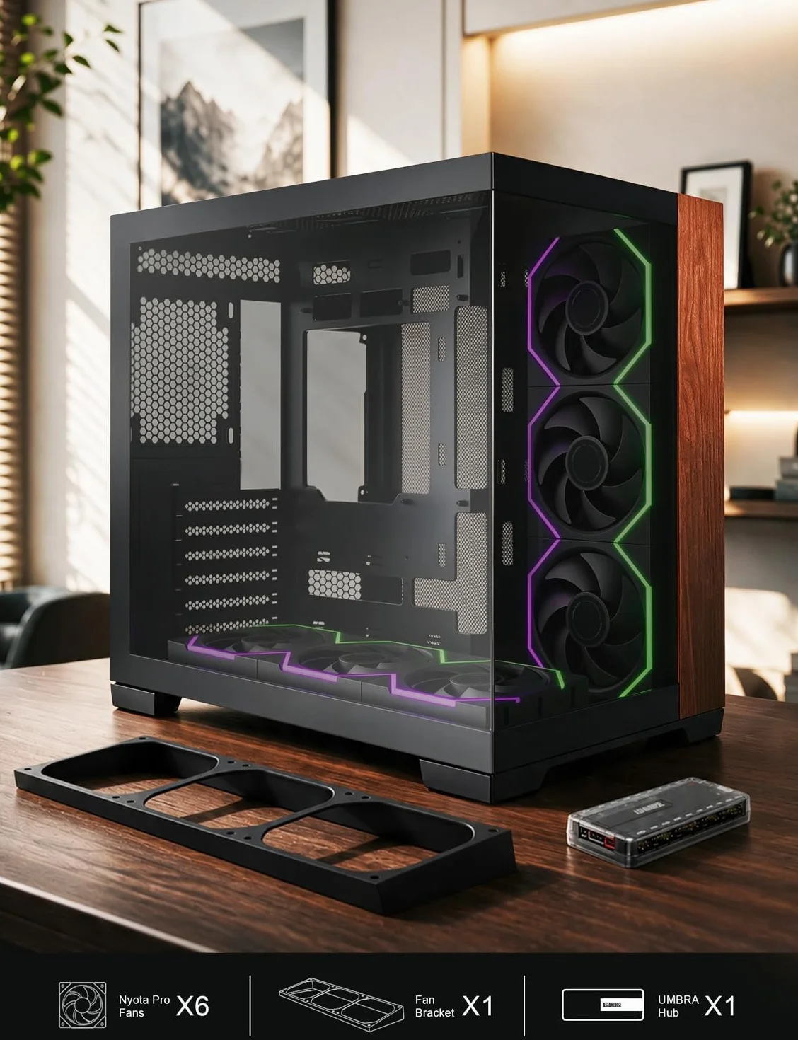 AsiaHorse Scutum Ultra ATX obudowa PC, Panorama Mid Tower z 6 wentylatorami Nyota Pro Reverse ARGB i koncentratorem Umbra, Back-Connect ATX, drewniany akcent, grzejnik 360 mm, typ C 20 Gbps, czarna
