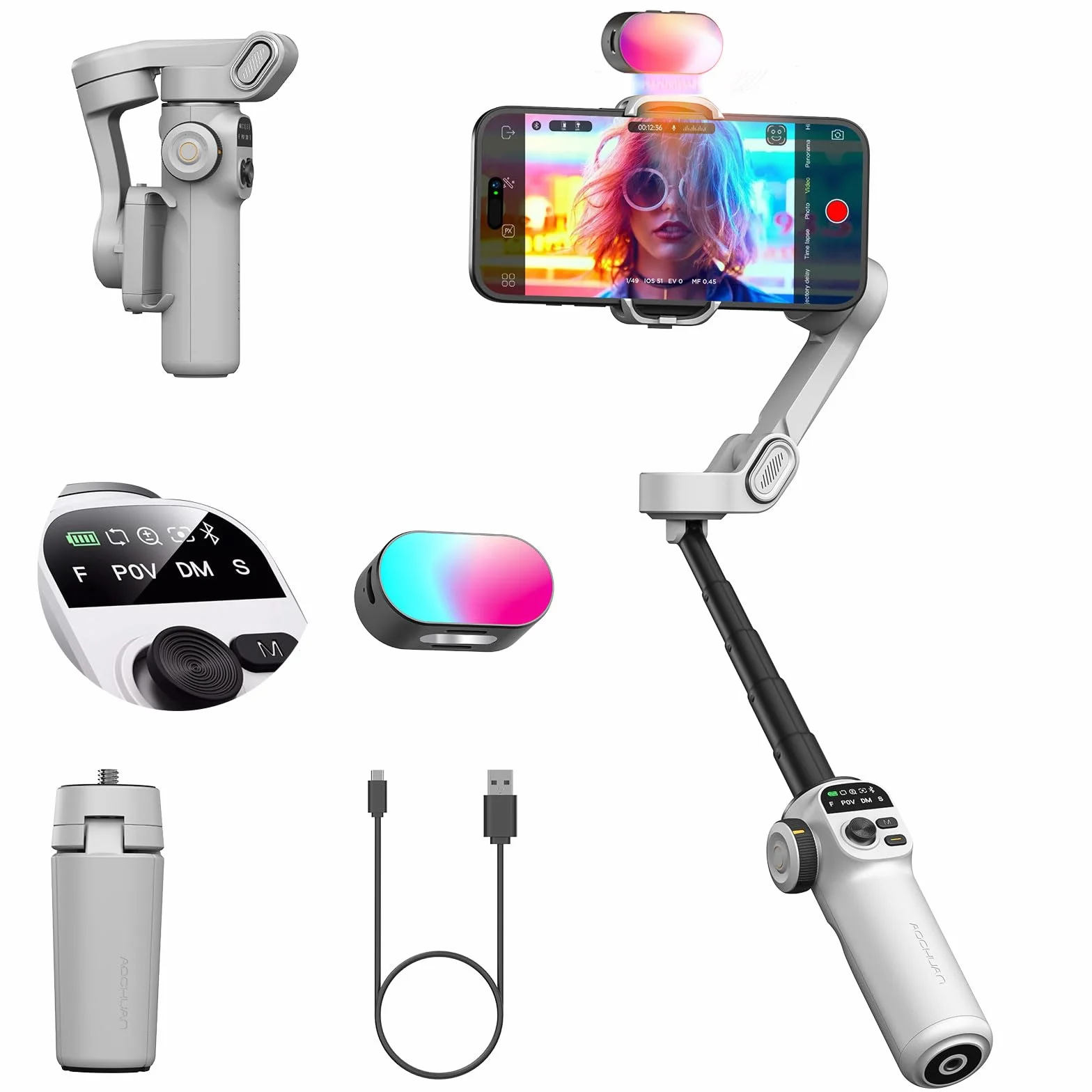 AOCHUAN Smart X2 3-osiowy stabilizator gimbala do smartfona z regulowanym światłem wypełniającym RGB, wbudowany drążek przedłużający 20 cm, ekran OLED do zdjęć nocnych, nagrywania wideo, zestaw X2,