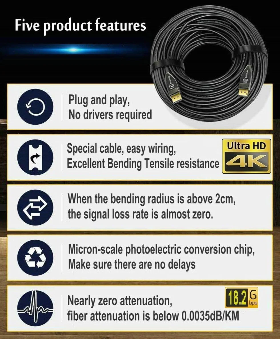 Metry DisplayPort (DP) do HDMI Kabel światłowodowy AOC 18G 4K przy 60Hz UHD pozłacany przewód do PC, karty graficznej, laptopa, monitora HDTV, odtwarzacza Blue Ray