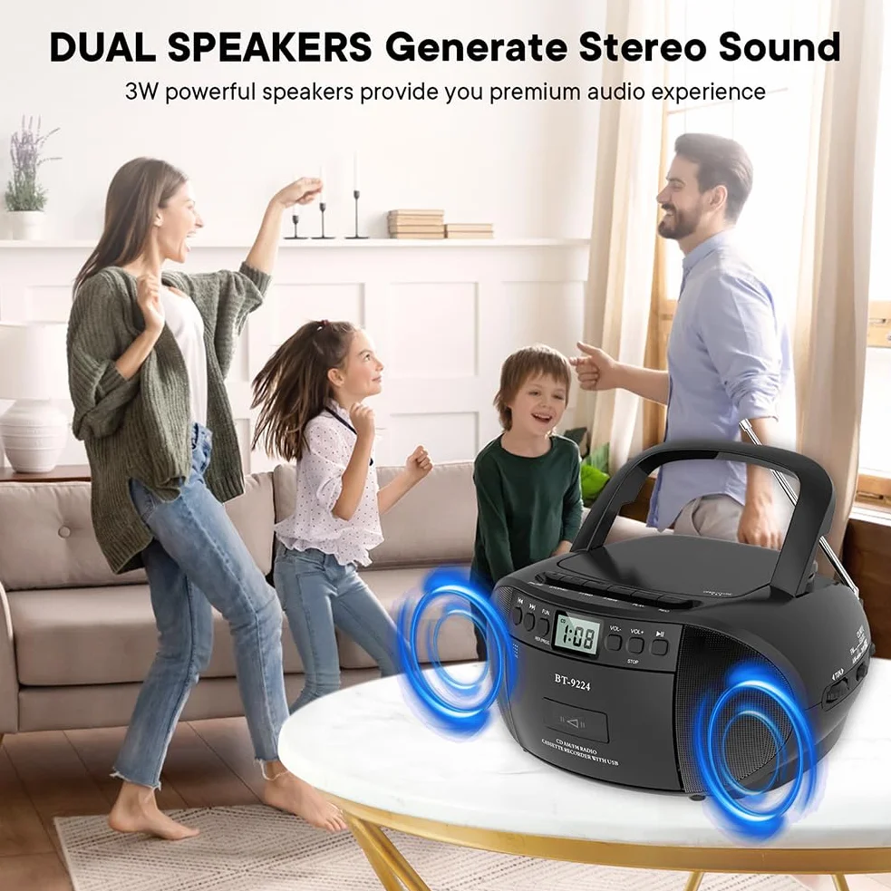 Przenośny radiowy odtwarzacz CD, głośnik Bluetooth z odtwarzaniem USB, Boombox AM/FM, pilot zdalnego sterowania, zasilany prądem zmiennym / bateryjnym