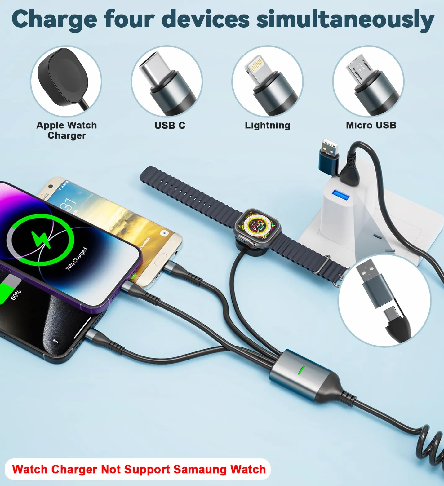 Spiralny kabel 4 w 1 do ładowania z ładowarką Apple Watch – 3 m Multi kabel do ładowania Apple Watch USB C, kabel Lightning Micro USB, do Apple Watch, iPhone 15 14 13 12 11 8 X, MacBook, iPad, Android