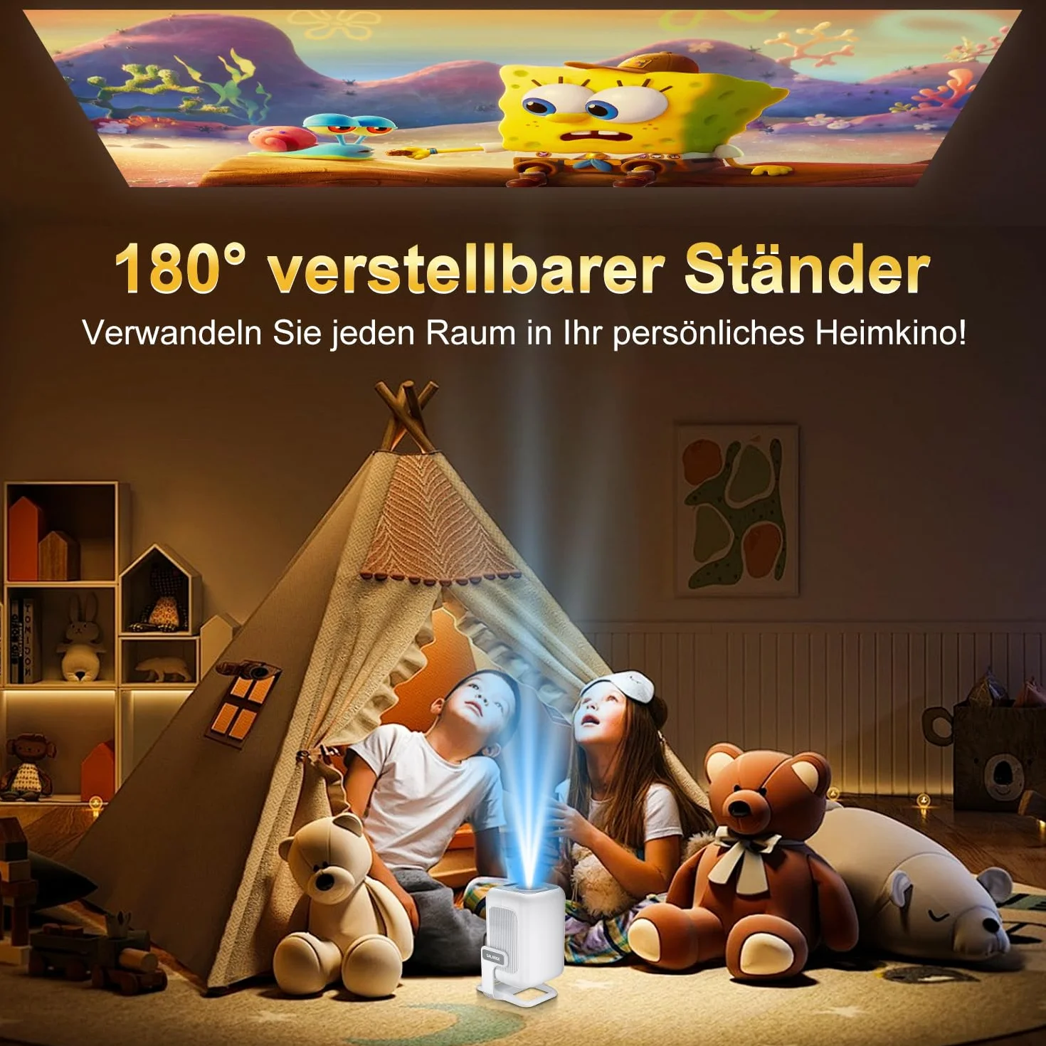 Smart Beamer, 4K FHD 1080p, przenośny projektor wideo, WiFi 6 i BT5.4, autofokus, automatyczny keystone, mini projektor z systemem Android 14.0, kino domowe, regulowana podstawka 180°, biały