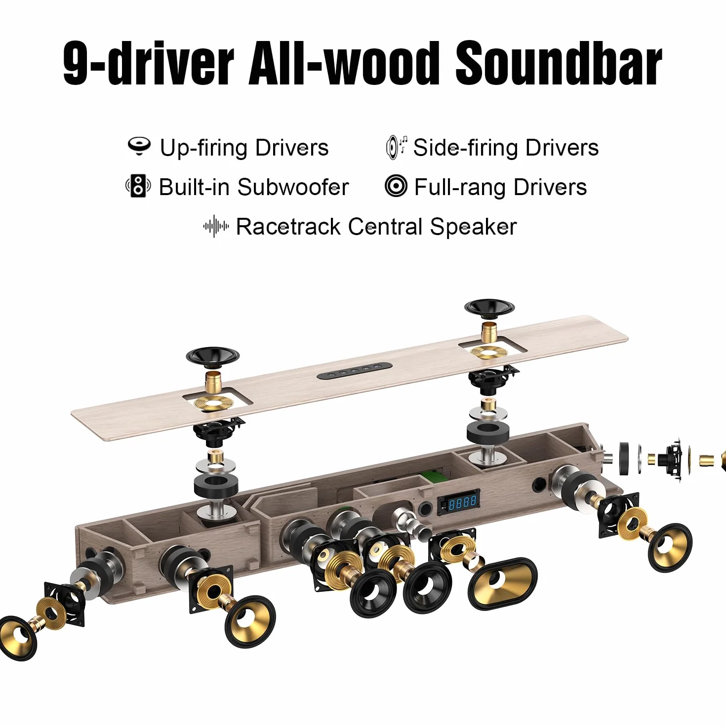 Hiwill 5.2.2 Dolby Atmos Drewniany Soundbar, 400 W Uniwersalne głośniki kina domowego TV z wbudowanym podwójnym subwooferem, 2 głośniki skierowane do góry, WoNoble A502