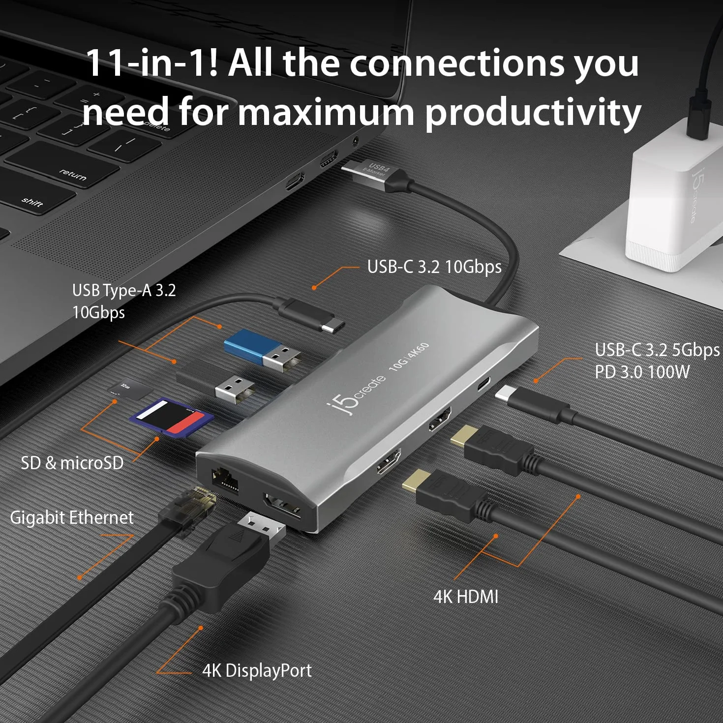 j5create Potrójny koncentrator wyświetlacza USB C 4K – 4K HDMI x2, 4K DP, 2 USB-A i USB-C 10 Gb/s, PD 100 W, Ethernet, czytnik kart SD 4.0, do XPS, Surface Pro (JCD397)
