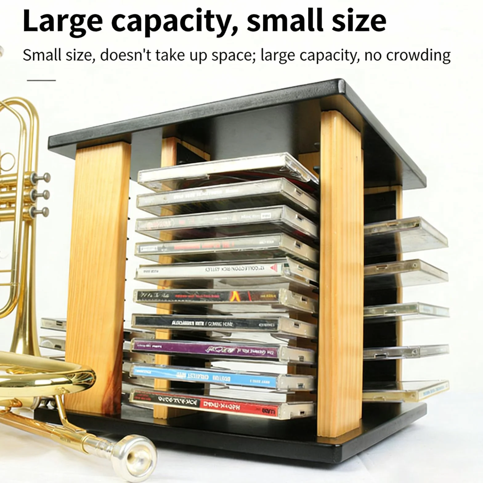 Wieża do przechowywania DVD, uchwyt na płyty winylowe, drewniany organizer na nośniki, obracana o 360°, 4-stronna do domu i biura, pasuje do płyt CD o wymiarach do 14 x 12,5 x 1,2 cm
