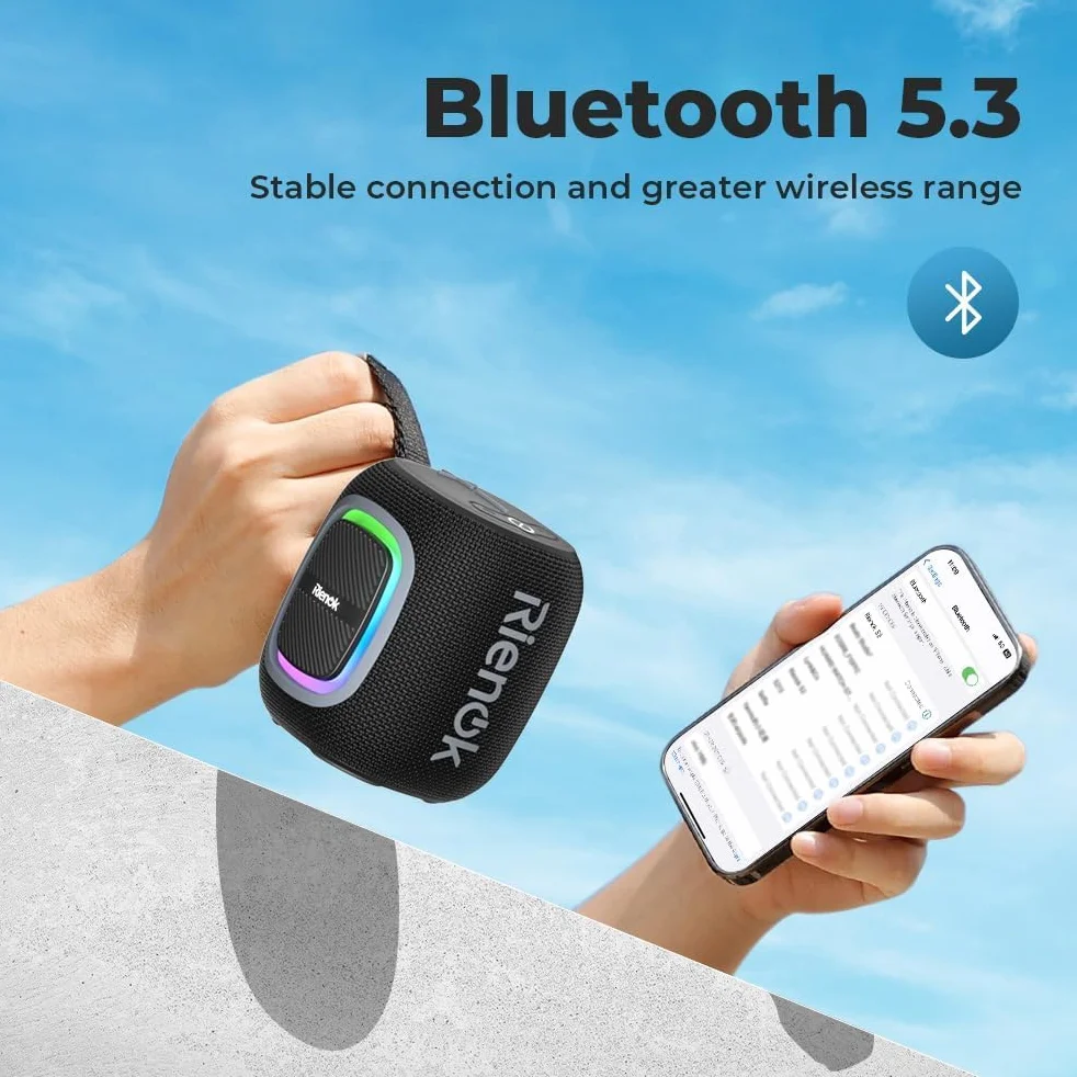 RIENOK Głośnik Bluetooth Bezprzewodowy Wodoodporny Mini Radio FM 15 Godzin Bluetooth 5.3 Karta TF USB Czarny