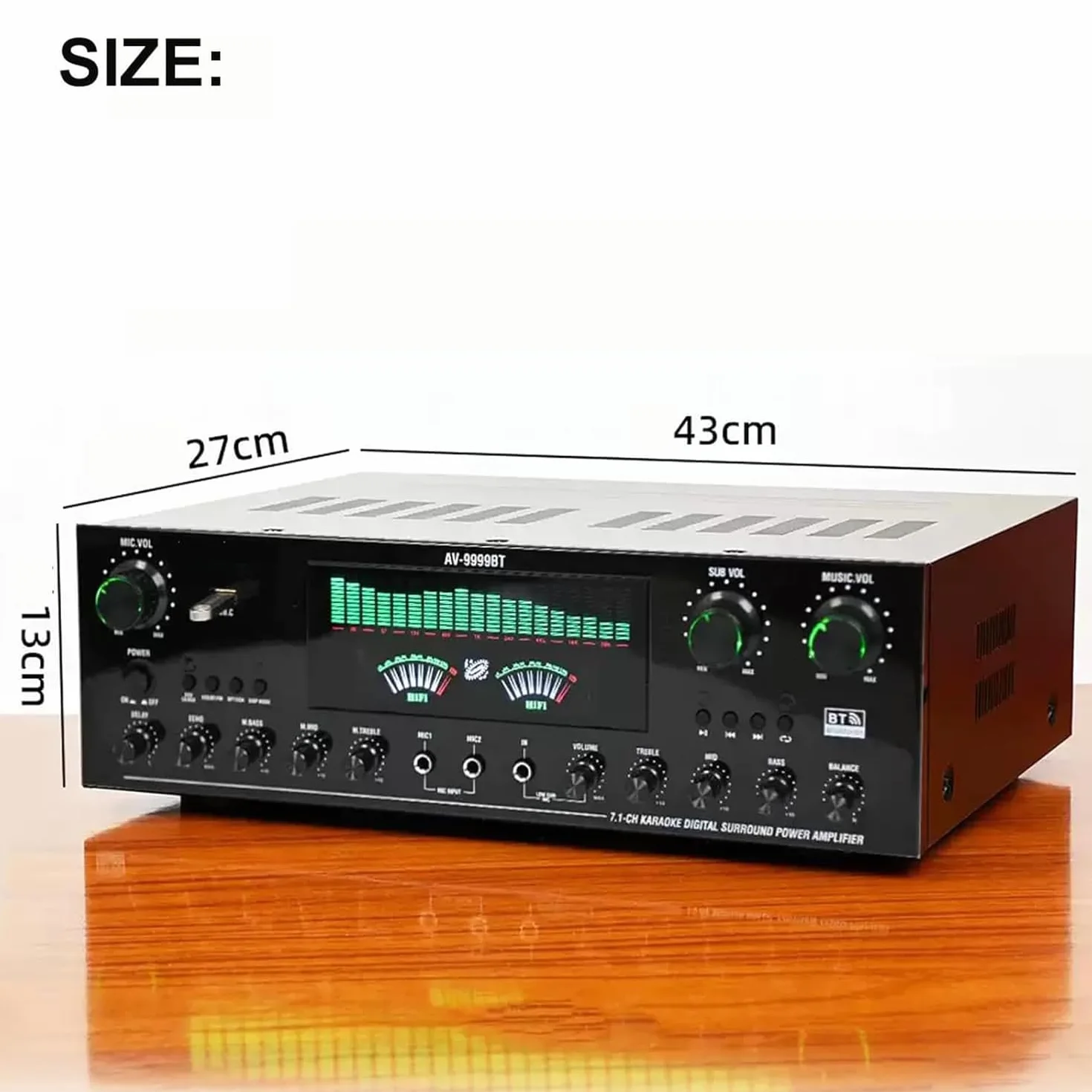 Domowy odbiornik audio 1800 W, 7,1-kanałowy wzmacniacz audio stereo, regulowana głośność, wejście optyczne/koncentryczne, wejście USB, wejścia mikrofonowe/amplituner, z pilotem zdalnego