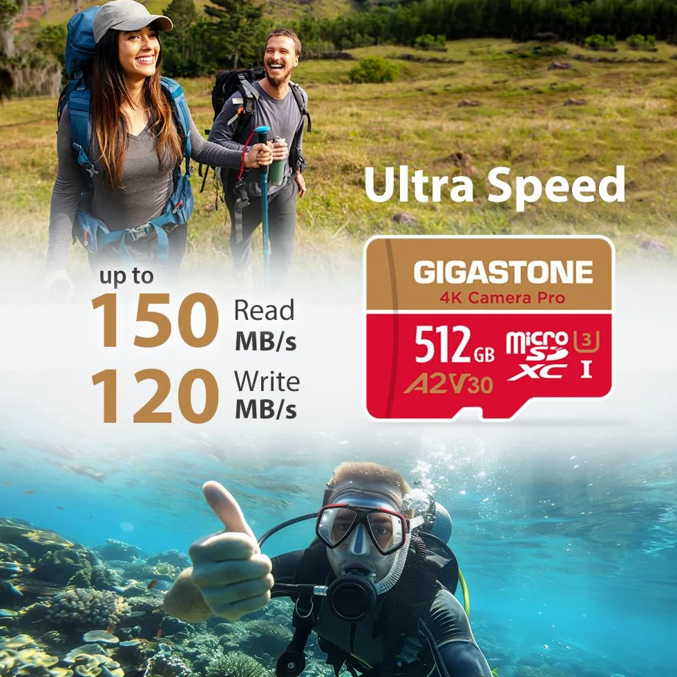 5-letnia bezpłatna odzyskiwanie danych: Gigastone karta micro SD 512 GB, kamera 4K Pro, A2 V30 UHS-I U3 C10, do 150/120 MB/s, do smartfona, GoPro, kamery akcji, wideo 4K UHD, z adapterem i czytnikiem