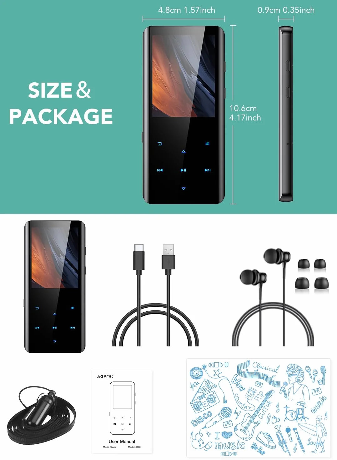 AGPTEK Odtwarzacz MP3 64 GB, Bluetooth 5.3, kolorowy ekran TFT 2,4 cala, muzyka HiFi z głośnikiem, przyciski dotykowe, radio FM, e-book, nagrywanie, timer snu, obsługa do 128 GB, czarny