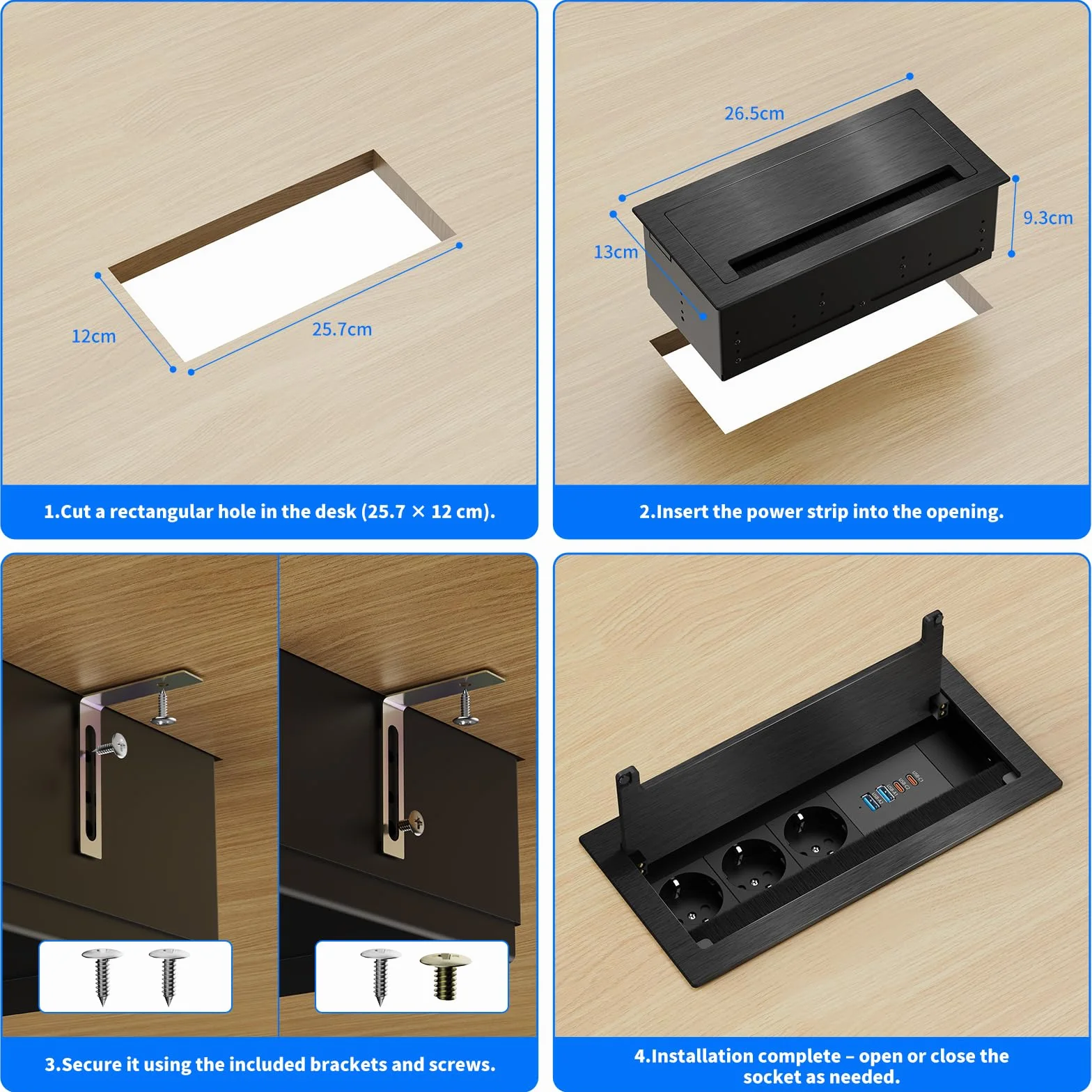 Gniazdko do zabudowy z aluminium, z 3 gniazdami wtykowymi i 4 portami USB (2 x USB-C PD 30 W, 2 x USB-A), chowane gniazdko stołowe na biurko i do biura, kabel 1,8 m, czarne