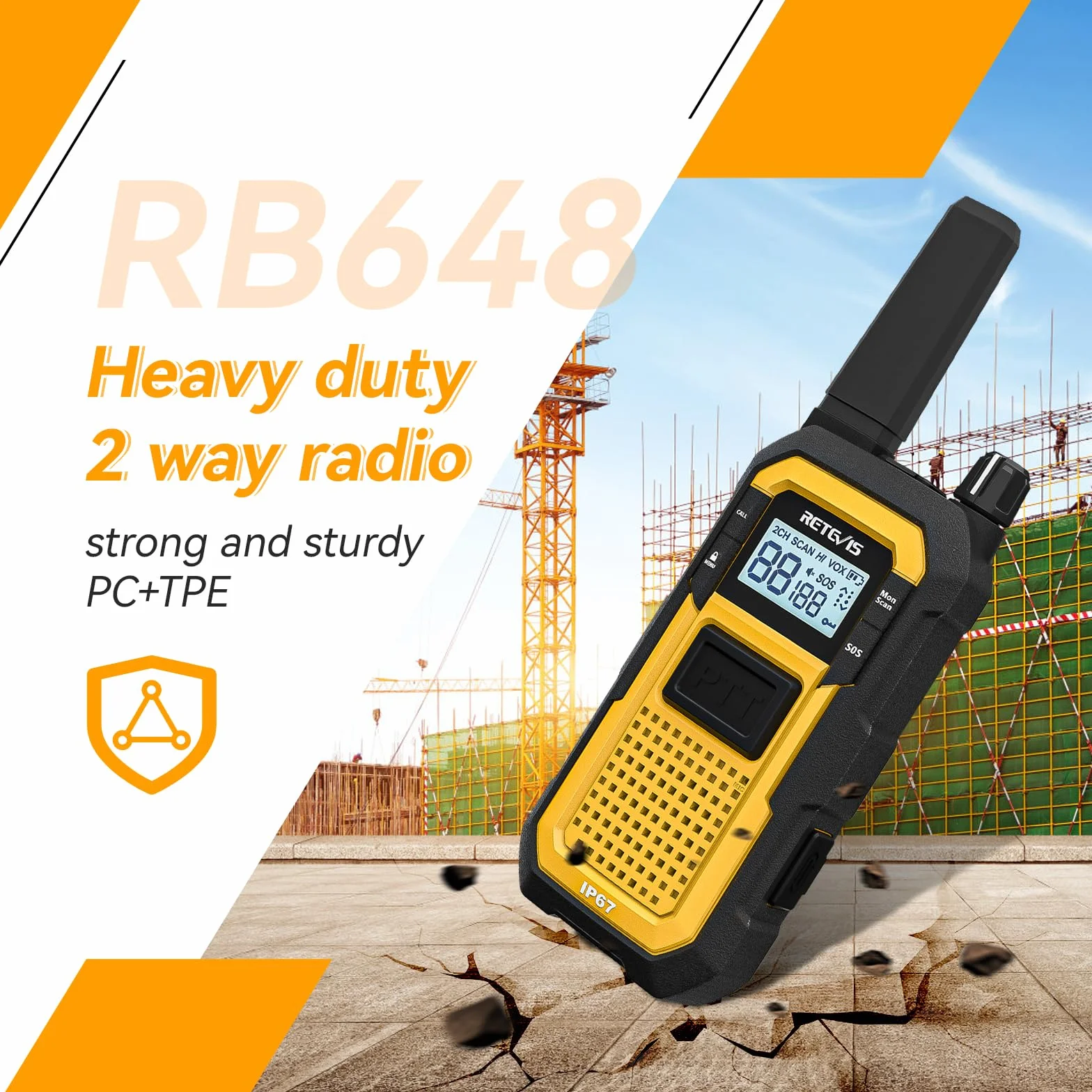 Retevis RB648 Walkie Talkie, Wodoodporne Krótkofalówki IP67, Podwójny Przycisk PTT, Wibracje SOS, 2000 mAh Typ C, Wytrzymałe Walkie-Talkie ze Słuchawką na plac Budowy (4 Szt, Żółty)