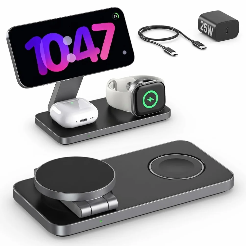 Stacja ładująca 3 w 1 z Qi2.2, 25 W, stacja ładująca Apple Watch i iPhone, kompatybilna z ładowarką bezprzewodową Magsafe do ładowania iPhone 17, 16, 15, 14, 13/12, AirPods, Apple Watch, w zestawie