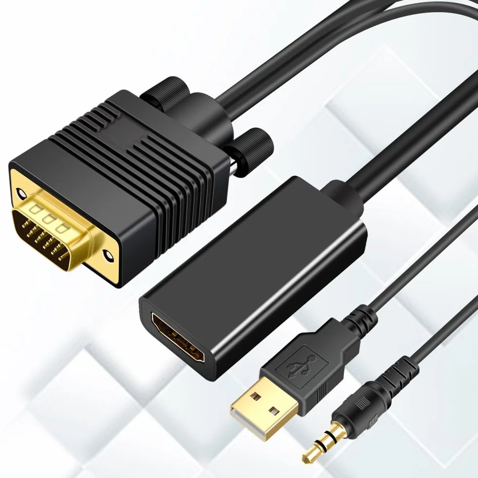 Kabel adaptera VGA na HDMI z dźwiękiem, VGA na HDMI kompatybilny z laptopem czarownicy / laptopem na monitor/telewizor, kabel konwertera VGA męski na HDMI męski do komputera