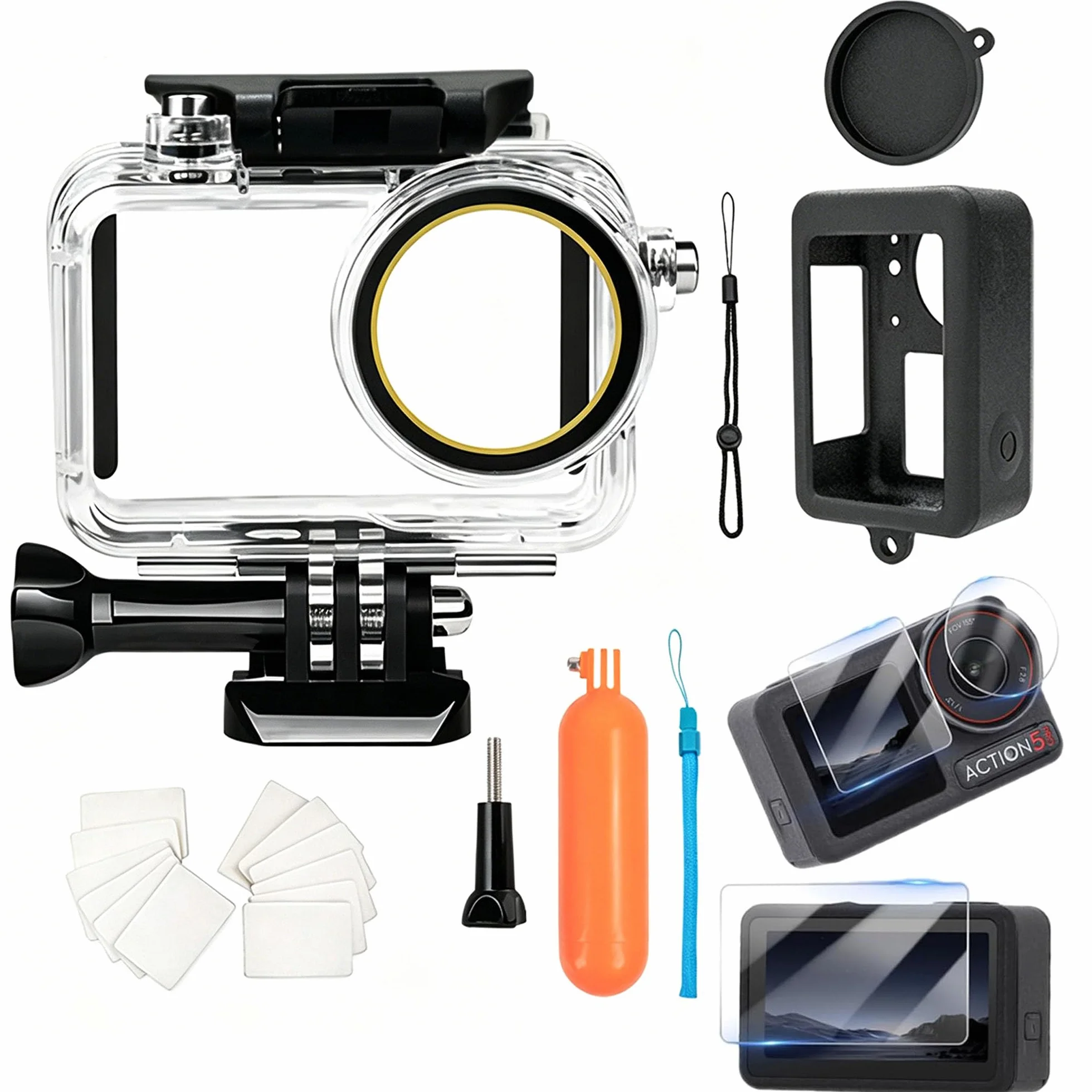Wodoodporna Obudowa Nurkowania z Pływający uchwyt Etui Ochronne i Folie Szklane Zestaw Akcesoriów Kompatybilny z DJI Osmo Action 5 Pro/Action 4/Action 3 do Snurkowania, Surfingu, Wakeboardu | pływający uchwyt, osłona ochronna, szklana folia ochronna do nu