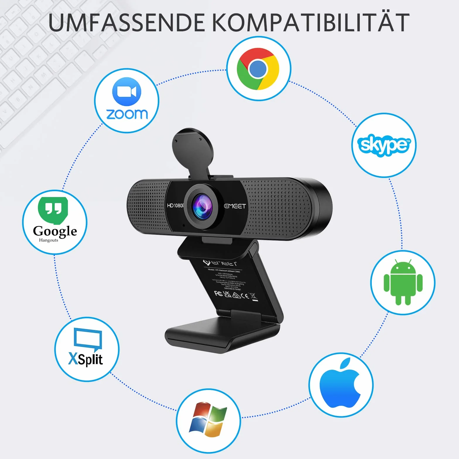 eMeet Webcam 1080P- Kamera internetowa C960 Full HD z podwójnym mikrofonem, regulowane ustawienia, szeroki kąt 90° z automatyczną korekcją, Plug & Play, kamera strumieniowa do Linuksa, Win10, Mac,