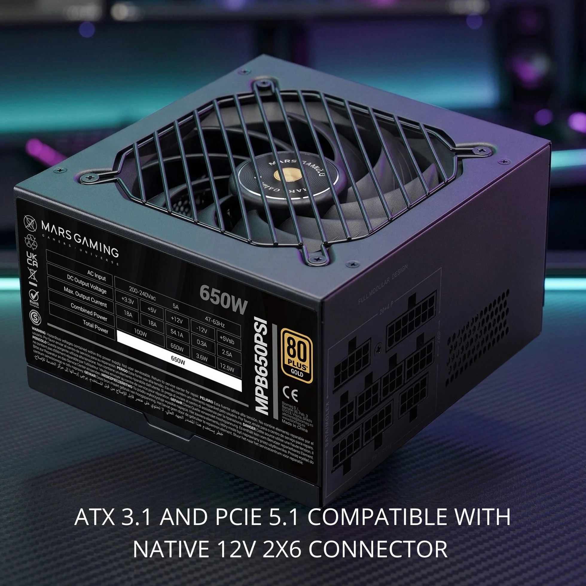 Mars Gaming MPB650PSI, Zasilacz Komputerowy Full Modular 650W, 10 Lat Gwarancji, 80Plus Gold 90%, Wentylator SI Extreme Silence, Technologie AI2-RPM, DC-DC i SMD, ATX 3.1 i PCIe 5.1, Czarny