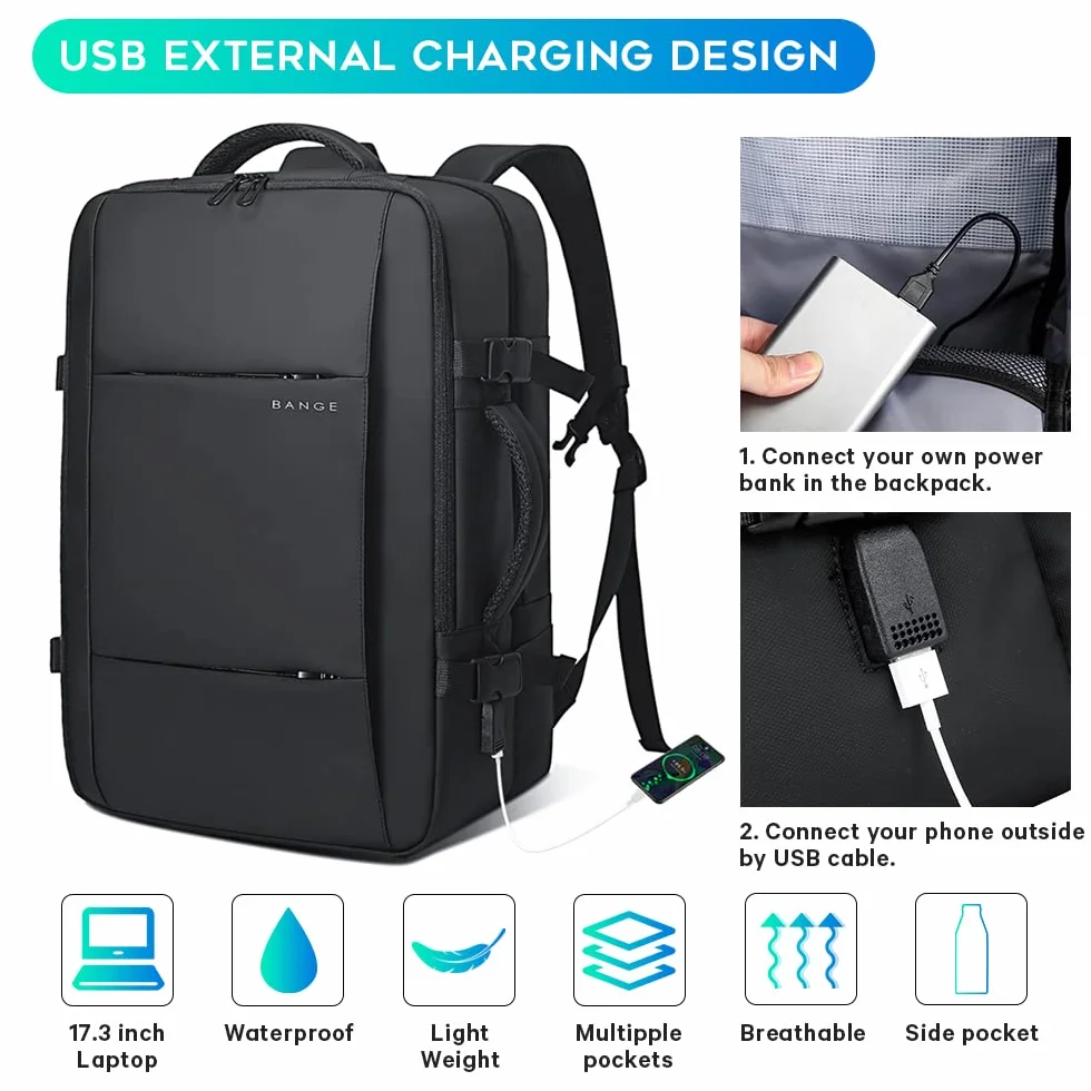 BANGE Plecak podróżny, bagaż podręczny, wytrzymały plecak Convertible Duffle Bag Fit na laptopa o przekątnej ekranu 17,3", dla mężczyzn i kobiet, Czarny (bez rozszerzenia), L, Biznes